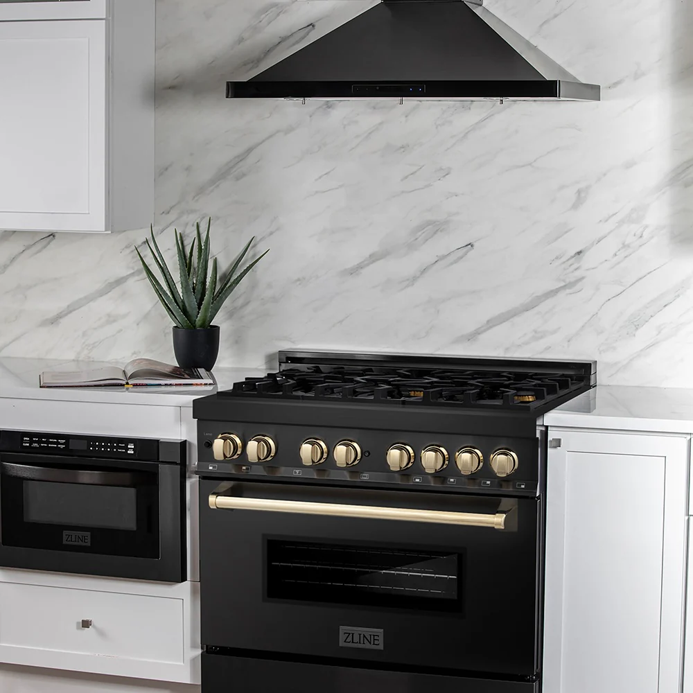 ZLINE Autograph Edition 36 in. 4.6 cu. ft. Legacy Dual Fuel Range with 6 Burner Gas Cooktop and Electric Convection Oven in Black Stainless Steel and Polished Gold Accents (RABZ-36-G) - Image 13