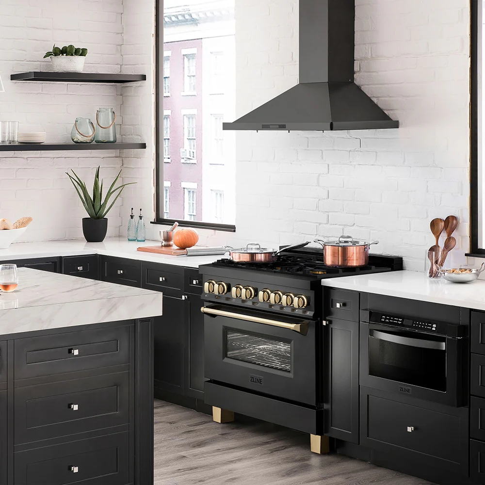 ZLINE Autograph Edition 36 in. 4.6 cu. ft. Legacy Dual Fuel Range with 6 Burner Gas Cooktop and Electric Convection Oven in Black Stainless Steel and Polished Gold Accents (RABZ-36-G) - Image 2