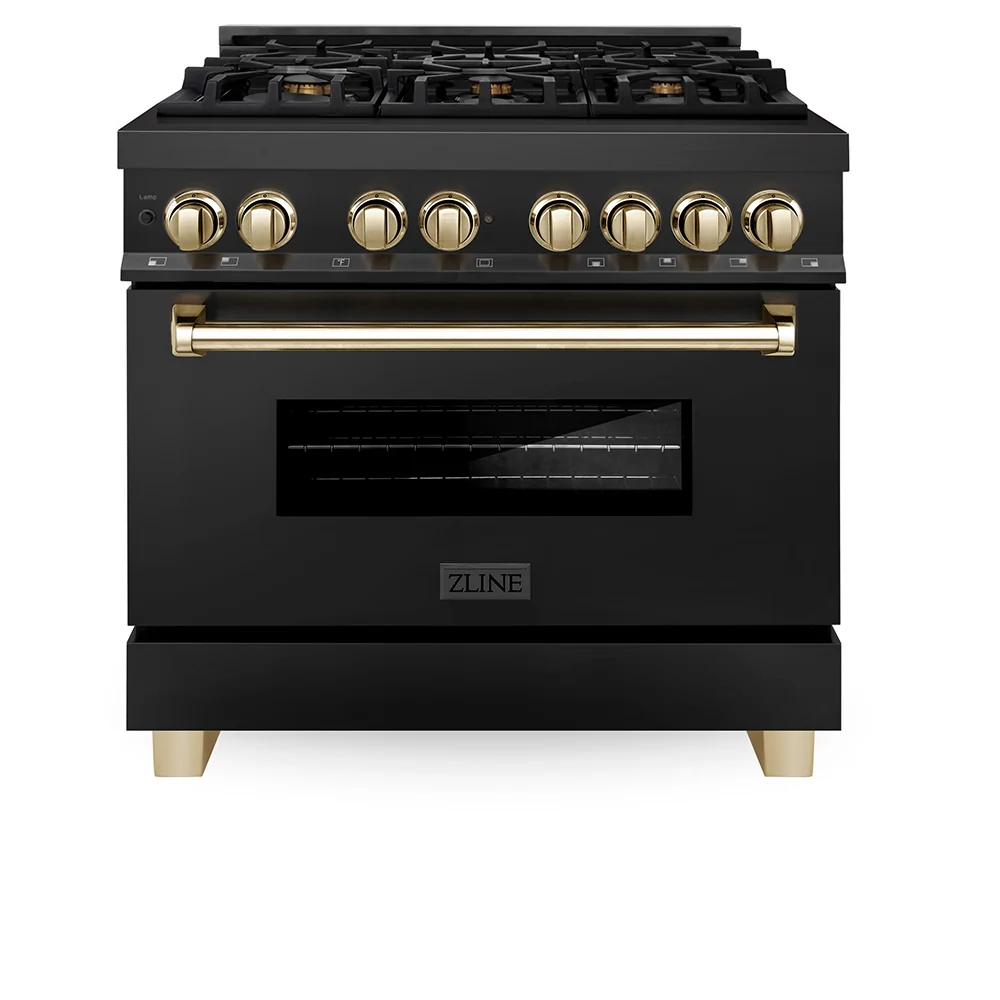 ZLINE Autograph Edition 36 in. 4.6 cu. ft. Legacy Dual Fuel Range with 6 Burner Gas Cooktop and Electric Convection Oven in Black Stainless Steel and Polished Gold Accents (RABZ-36-G) - Image 3