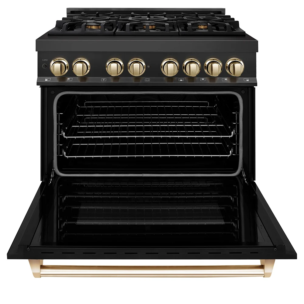 ZLINE Autograph Edition 36 in. 4.6 cu. ft. Legacy Dual Fuel Range with 6 Burner Gas Cooktop and Electric Convection Oven in Black Stainless Steel and Polished Gold Accents (RABZ-36-G) - Image 5