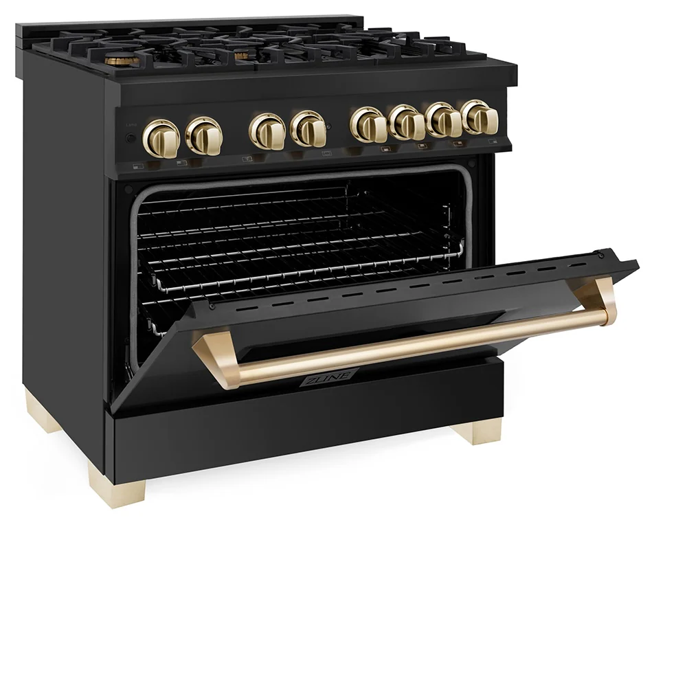 ZLINE Autograph Edition 36 in. 4.6 cu. ft. Legacy Dual Fuel Range with 6 Burner Gas Cooktop and Electric Convection Oven in Black Stainless Steel and Polished Gold Accents (RABZ-36-G) - Image 7