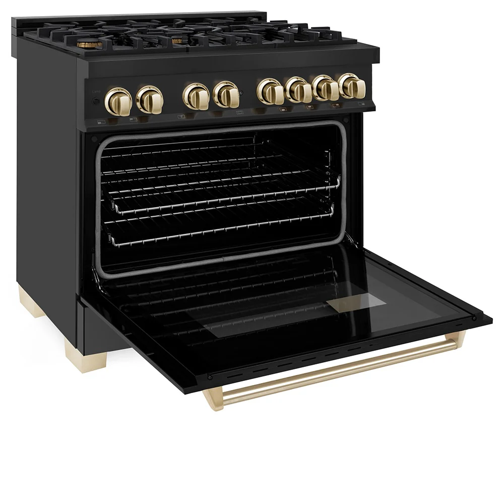 ZLINE Autograph Edition 36 in. 4.6 cu. ft. Legacy Dual Fuel Range with 6 Burner Gas Cooktop and Electric Convection Oven in Black Stainless Steel and Polished Gold Accents (RABZ-36-G) - Image 8