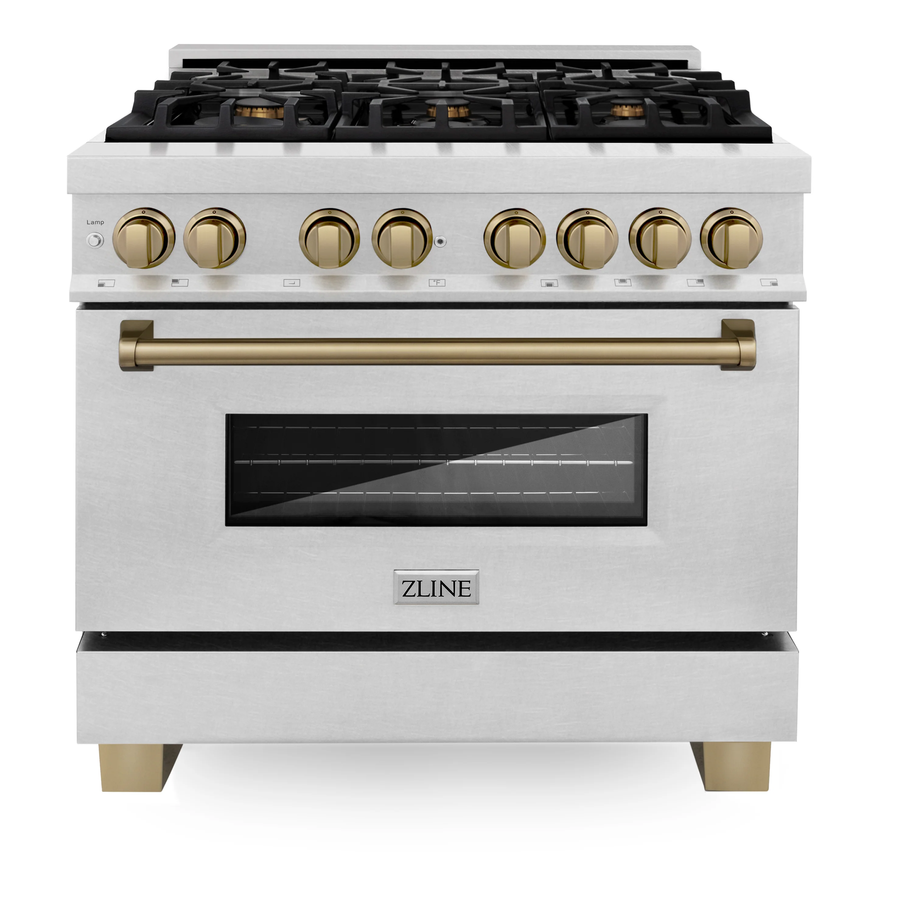 ZLINE Autograph Edition 36 in. 4.6 cu. ft. Legacy Dual Fuel Range with 6 Burner Gas Cooktop and Electric Convection Oven in Satin Stainless Steel and Champagne Bronze Accents (RASZ-SN-36-CB) - Image 6