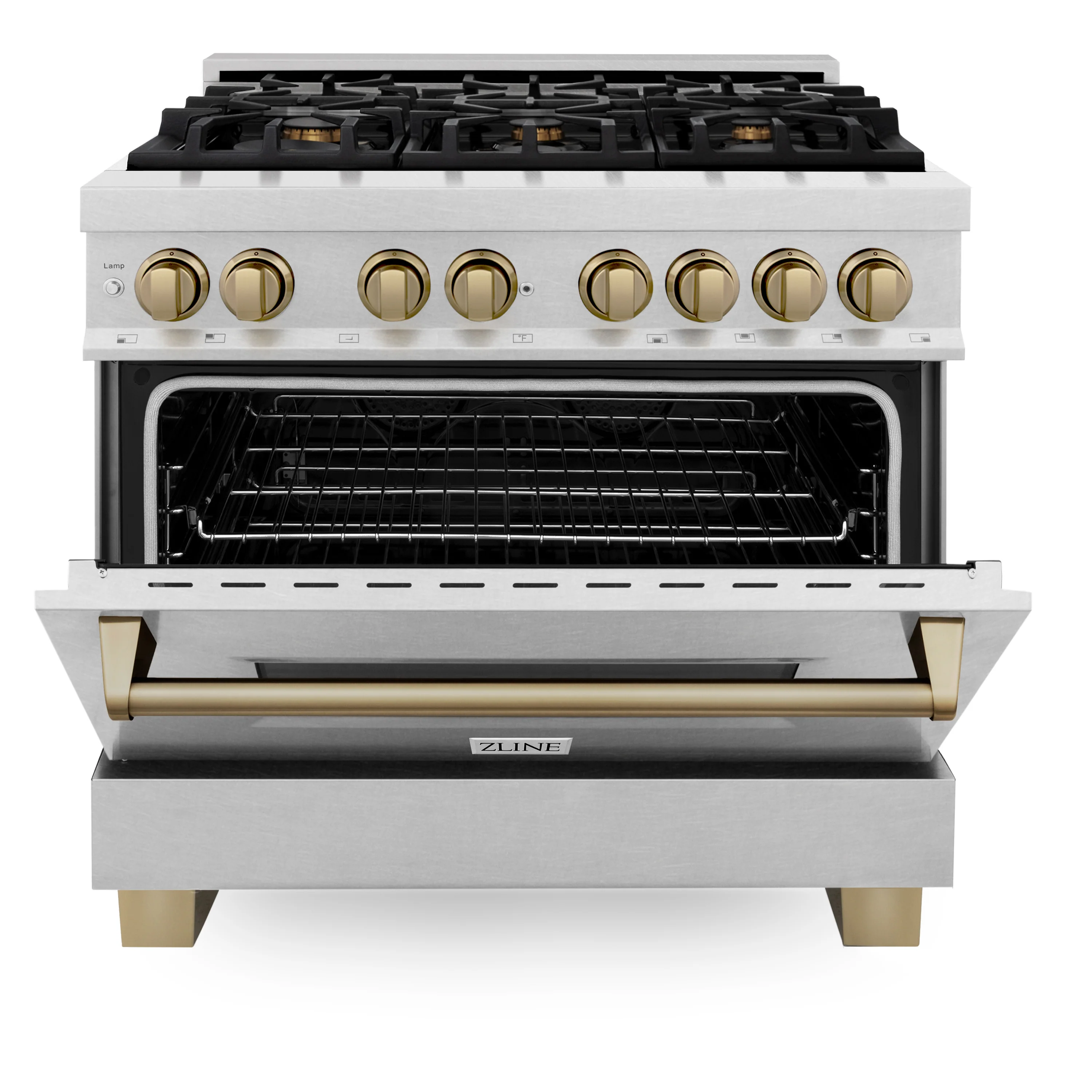 ZLINE Autograph Edition 36 in. 4.6 cu. ft. Legacy Dual Fuel Range with 6 Burner Gas Cooktop and Electric Convection Oven in Satin Stainless Steel and Champagne Bronze Accents (RASZ-SN-36-CB) - Image 7
