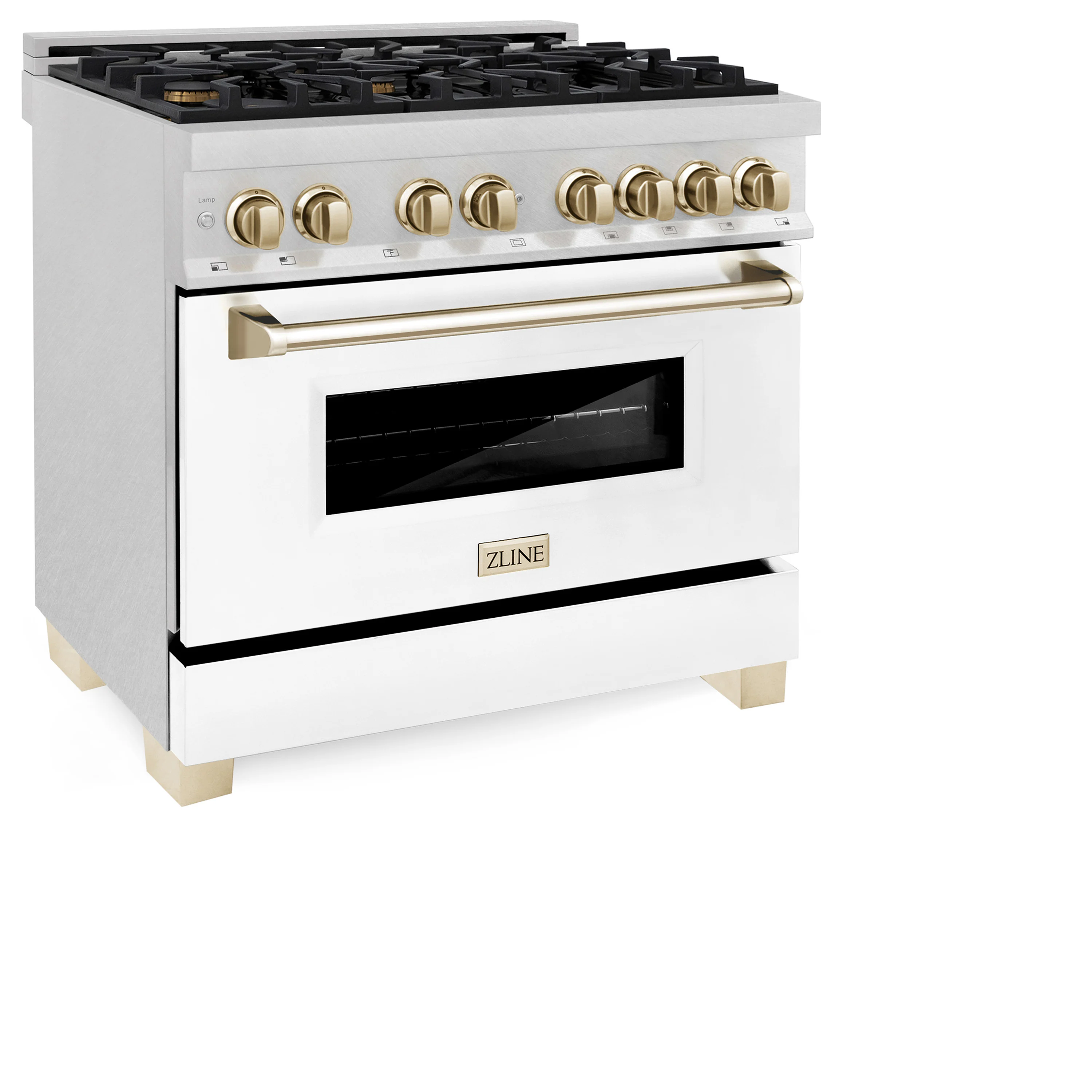 ZLINE Autograph Edition 36 in. 4.6 cu. ft. Legacy Dual Fuel Range with 6 Burner Gas Cooktop and Electric Convection Oven in Satin Stainless Steel with White Matte Door and Polished Gold Accents (RASZ-WM-36-G) - Image 3