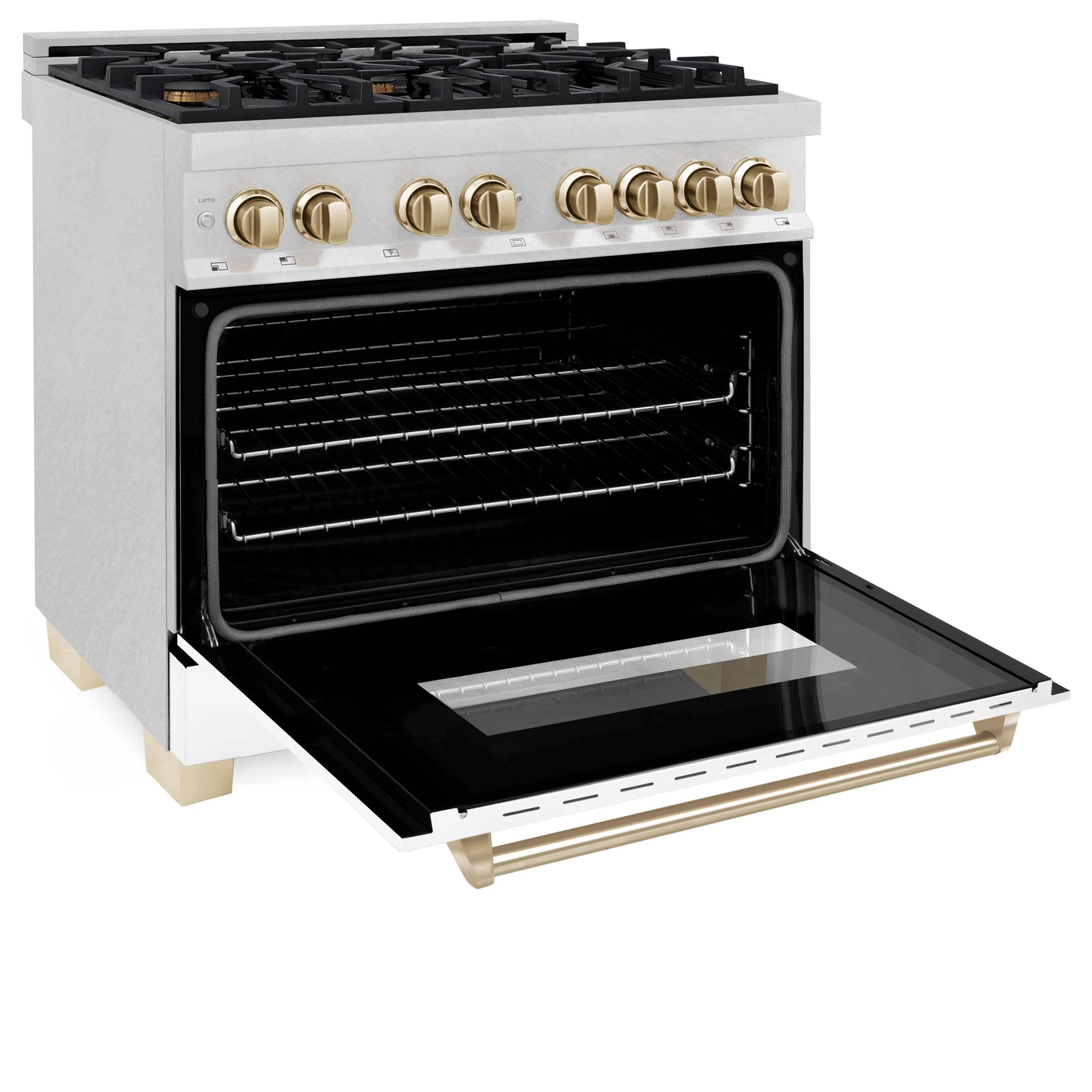ZLINE Autograph Edition 36 in. 4.6 cu. ft. Legacy Dual Fuel Range with 6 Burner Gas Cooktop and Electric Convection Oven in Satin Stainless Steel with White Matte Door and Polished Gold Accents (RASZ-WM-36-G) - Image 4