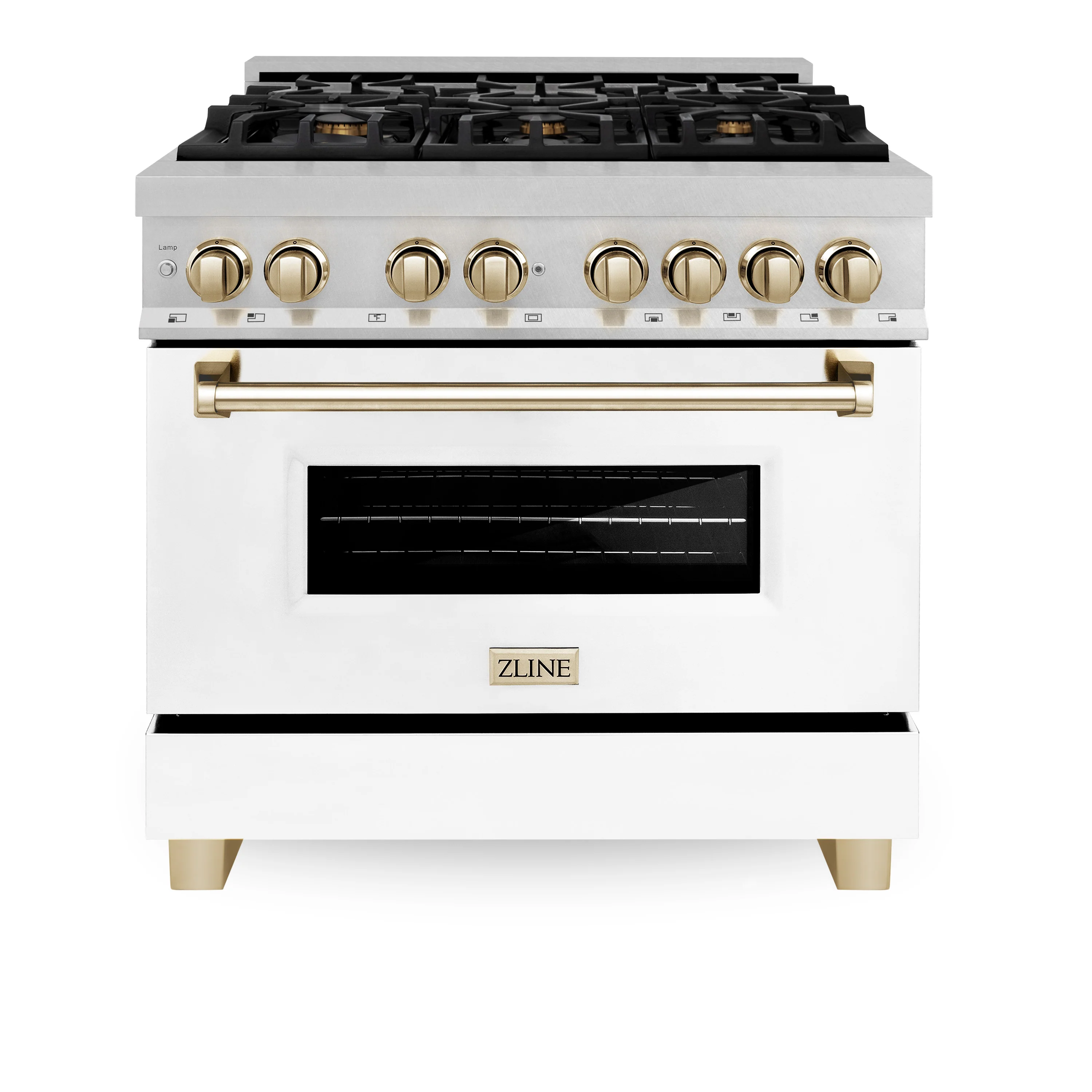 ZLINE Autograph Edition 36 in. 4.6 cu. ft. Legacy Dual Fuel Range with 6 Burner Gas Cooktop and Electric Convection Oven in Satin Stainless Steel with White Matte Door and Polished Gold Accents (RASZ-WM-36-G) - Image 5