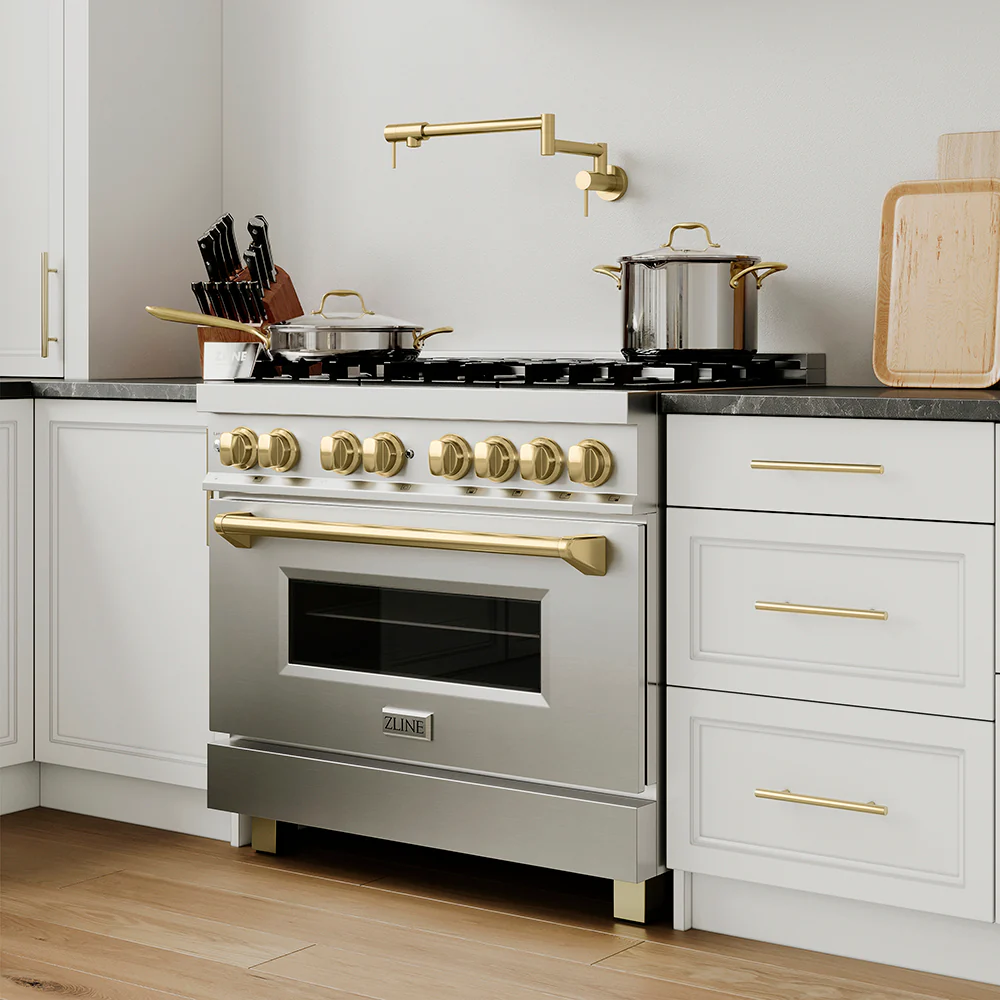 ZLINE Autograph Edition 36 in. 4.6 cu. ft. Legacy Dual Fuel Range with 6 Burner Gas Cooktop and Electric Convection Oven in Stainless Steel and Champagne Bronze Accents (RAZ-36-CB) - Image 18