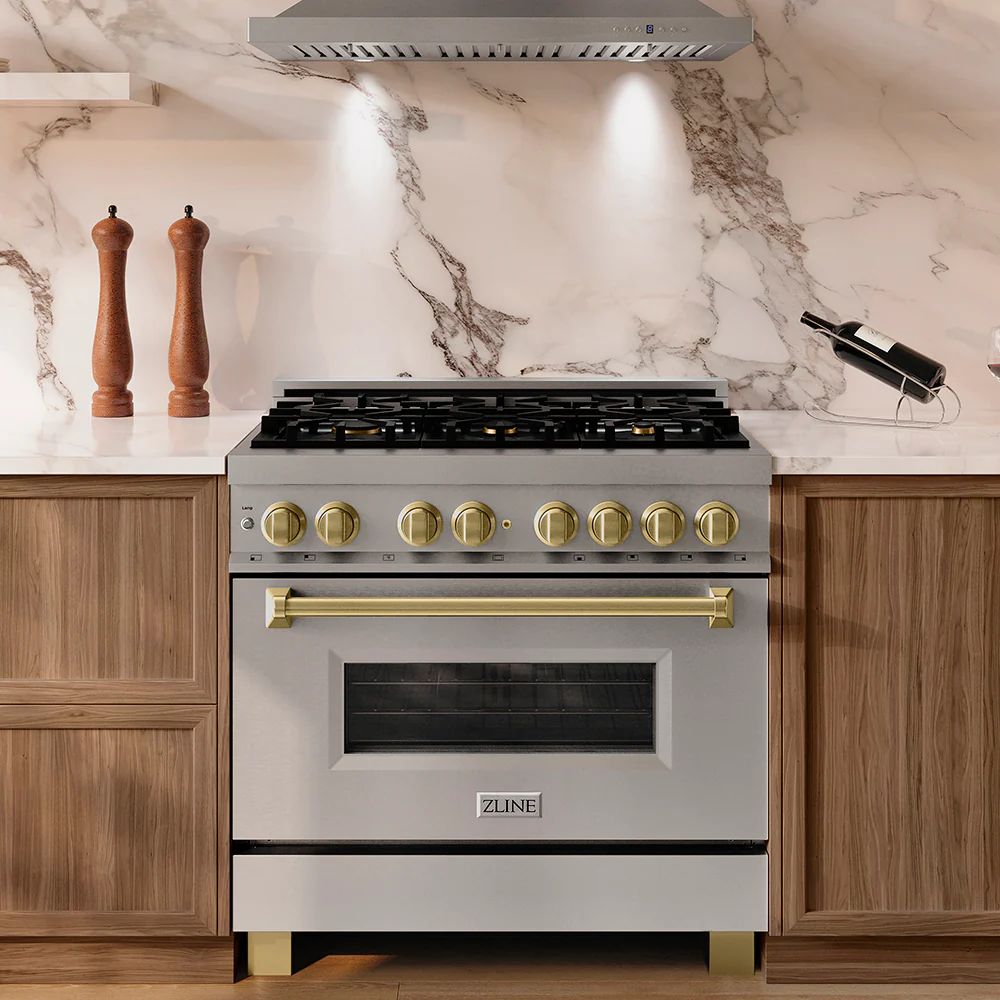 ZLINE Autograph Edition 36 in. 4.6 cu. ft. Legacy Dual Fuel Range with 6 Burner Gas Cooktop and Electric Convection Oven in Stainless Steel and Champagne Bronze Accents (RAZ-36-CB) - Image 2