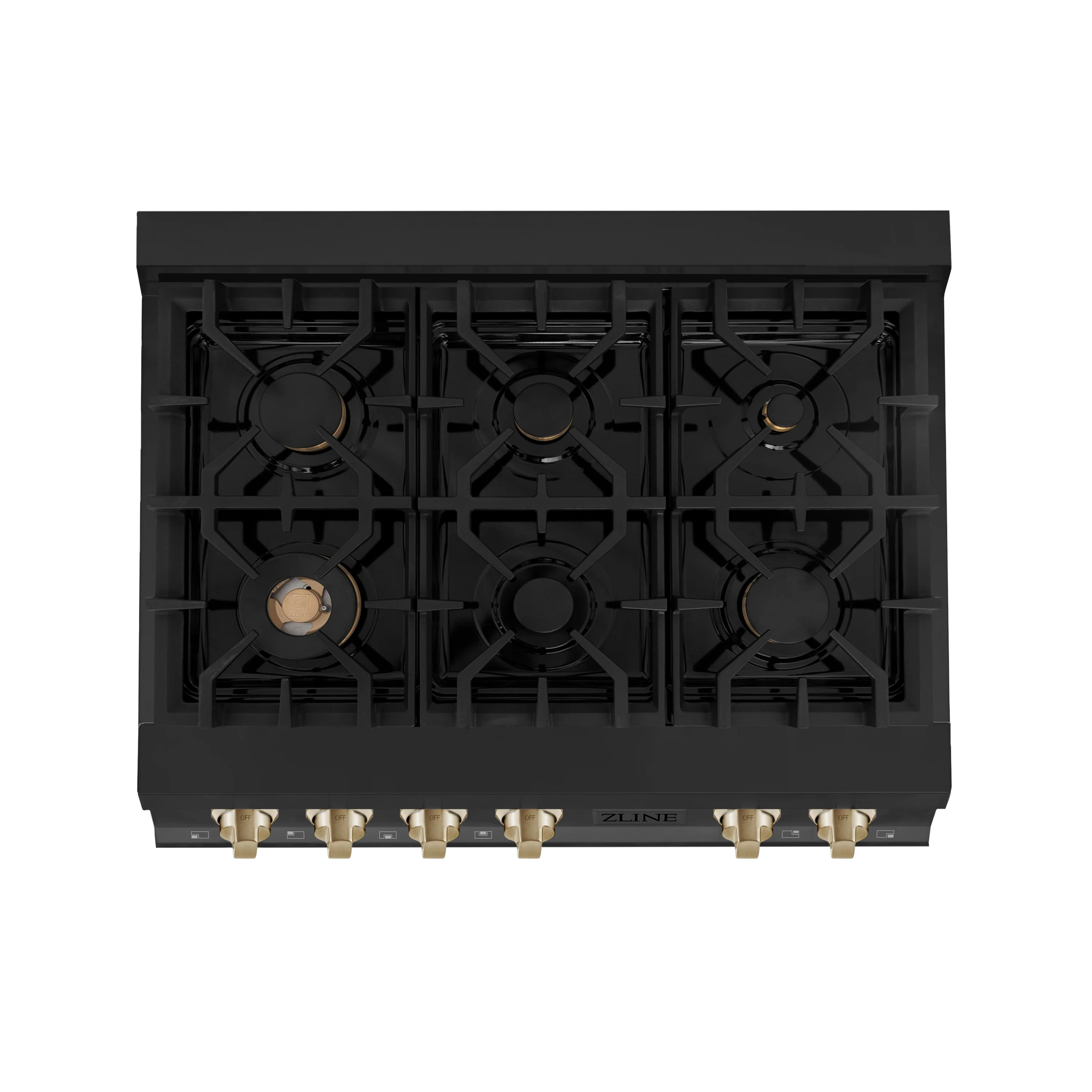 ZLINE Autograph Edition 36 in. Classic Gas Rangetop with 6 Burners and Porcelain Cooktop in Black Stainless Steel with Polished Gold Accents (RTBZ-36-G) - Image 4