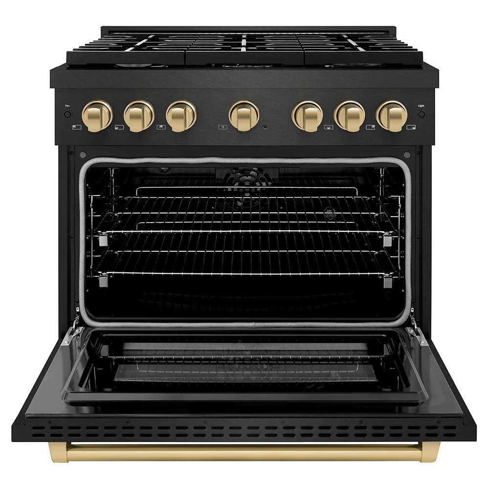 ZLINE Autograph Edition 36 in. 5.2 cu. ft. Paramount Dual Fuel Range with 6 Burner Gas Cooktop and Electric Convection Oven in Black Satin Stainless Steel with Champagne Bronze Accents (SDRBSZ-36-CB) - Image 2