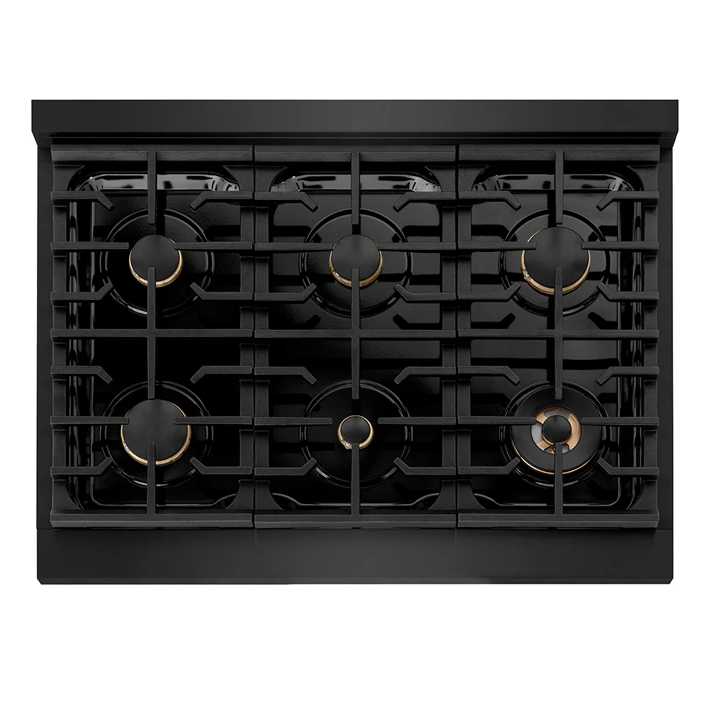 ZLINE Autograph Edition 36 in. 5.2 cu. ft. Paramount Dual Fuel Range with 6 Burner Gas Cooktop and Electric Convection Oven in Black Stainless Steel with Champagne Bronze Helix Handle and Knob Accents (SDRBZ-36-KCB) - Image 3