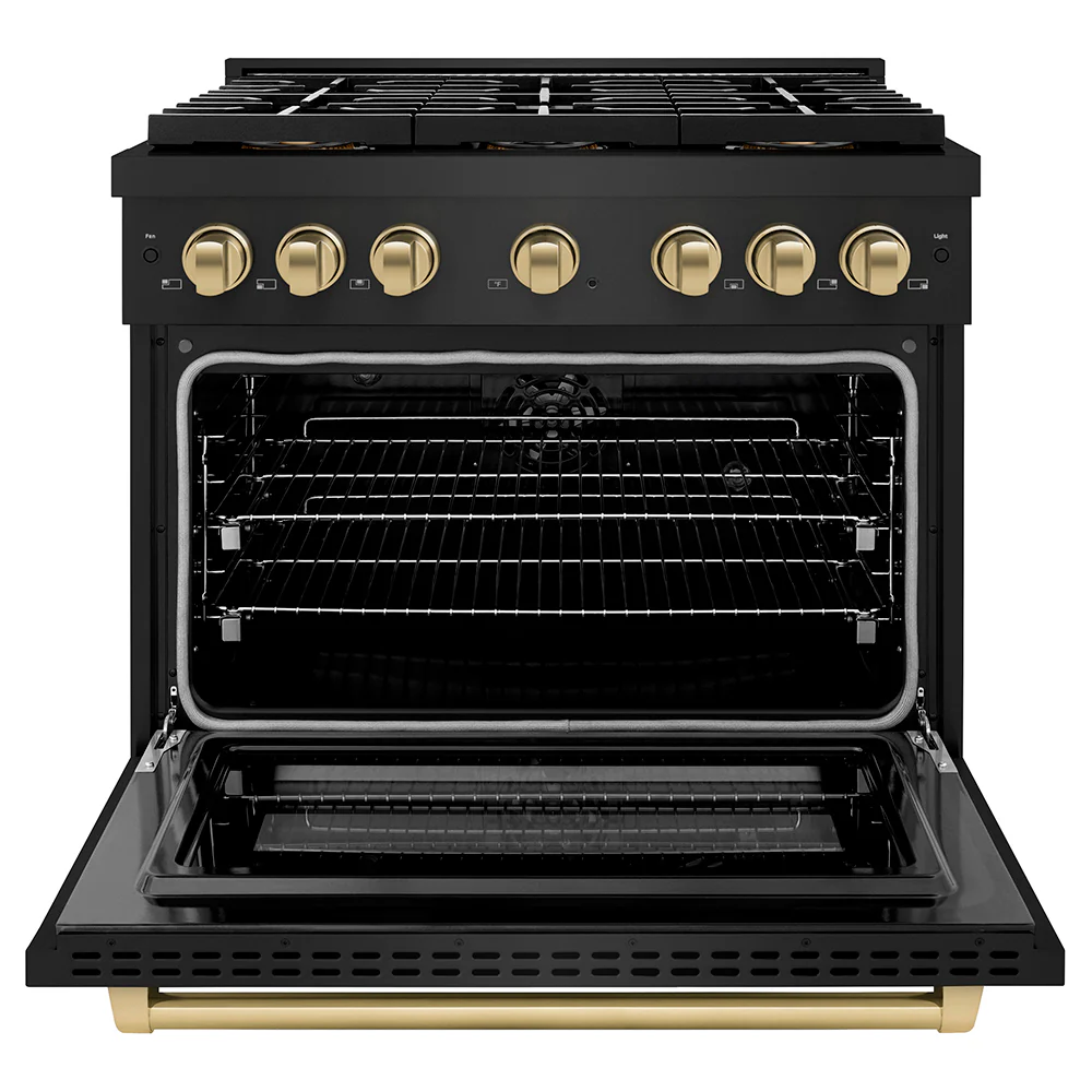 ZLINE Autograph Edition 36 in. 5.2 cu. ft. Paramount Dual Fuel Range with 6 Burner DuoPro™ Cooktop and Electric Convection Oven in Black Stainless Steel and Champagne Bronze Accents (PSDRBZ-36-CB) - Image 3
