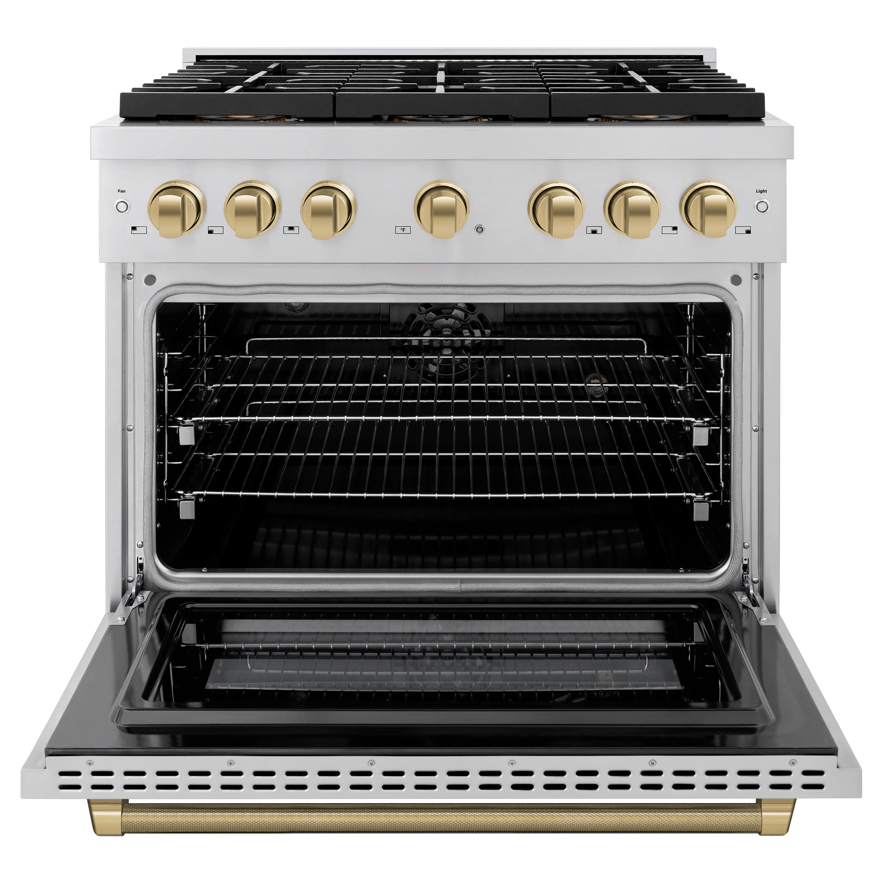 ZLINE Autograph Edition 36 in. 5.2 cu. ft. Paramount Dual Fuel Range with 6 Burner DuoPro™ Cooktop and Electric Convection Oven in Stainless Steel with Champagne Bronze Helix Handle and Accents (PSDRZ-36-KCB) - Image 4