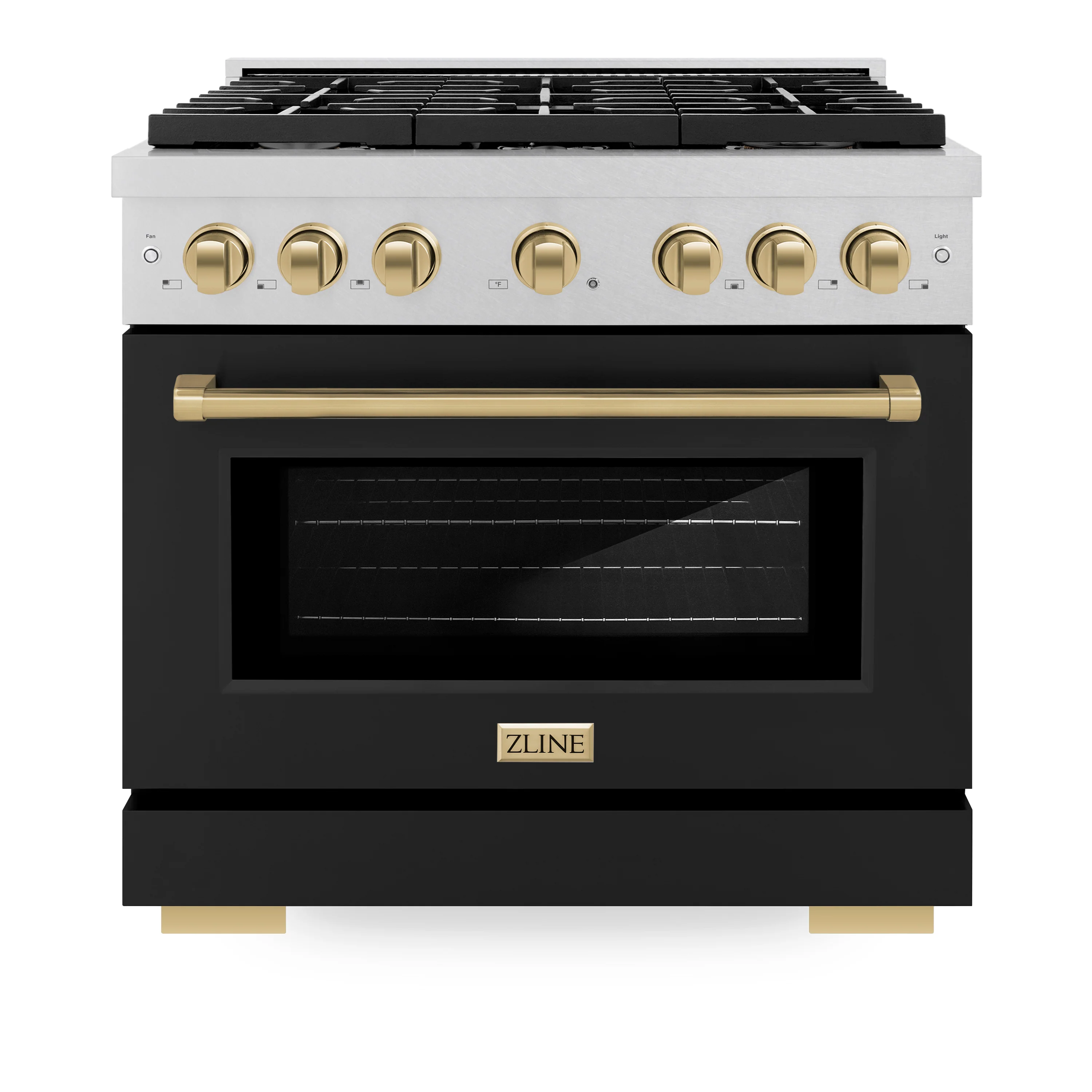 ZLINE Autograph Edition 36 in. 5.2 cu. ft. Paramount Dual Fuel Range with 6 Burner Gas Cooktop and Electric Convection Oven in Satin Stainless Steel with Black Matte Door and Champagne Bronze Accents (SDRSZ-BLM-36-CB) - Image 5