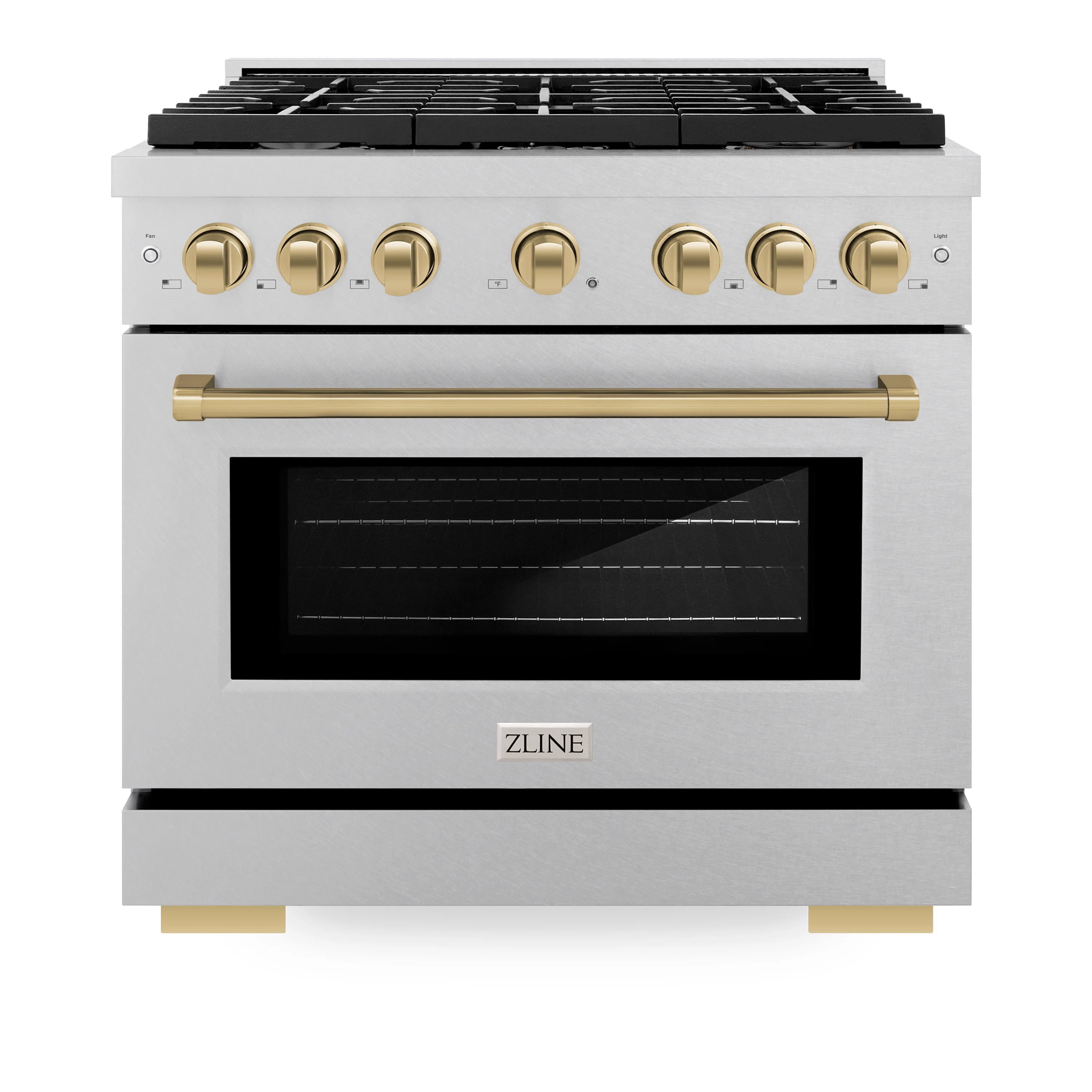 ZLINE Autograph Edition 36 in. 5.2 cu. ft. Paramount Dual Fuel Range with 6 Burner Gas Cooktop and Electric Convection Oven in Satin Stainless Steel with Champagne Bronze Accents (SDRSZ-36-CB) - Image 5