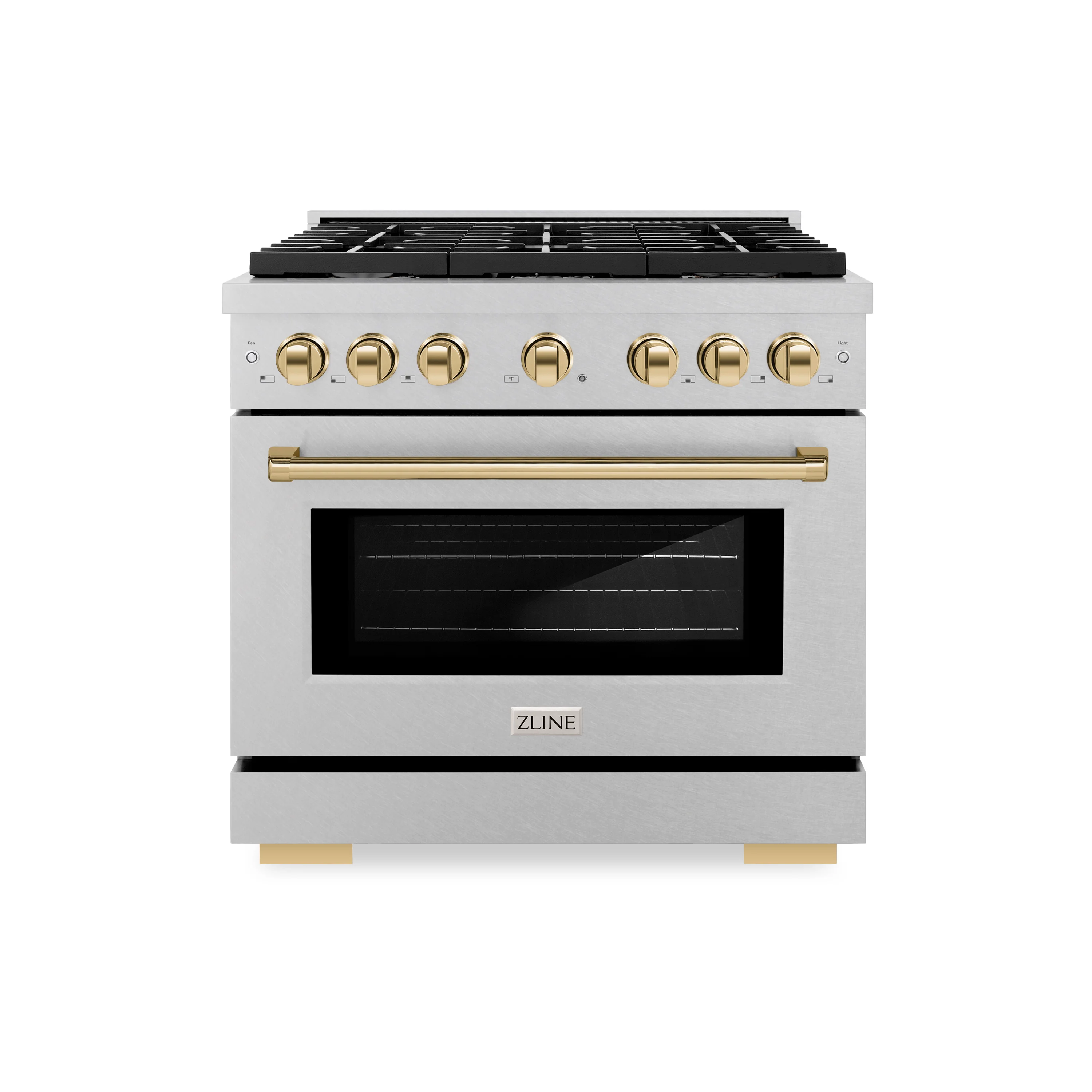 ZLINE Autograph Edition 36 in. 5.2 cu. ft. Paramount Dual Fuel Range with 6 Burner Gas Cooktop and Electric Convection Oven in Satin Stainless Steel with Polished Gold Accents (SDRSZ-36-G) - Image 4