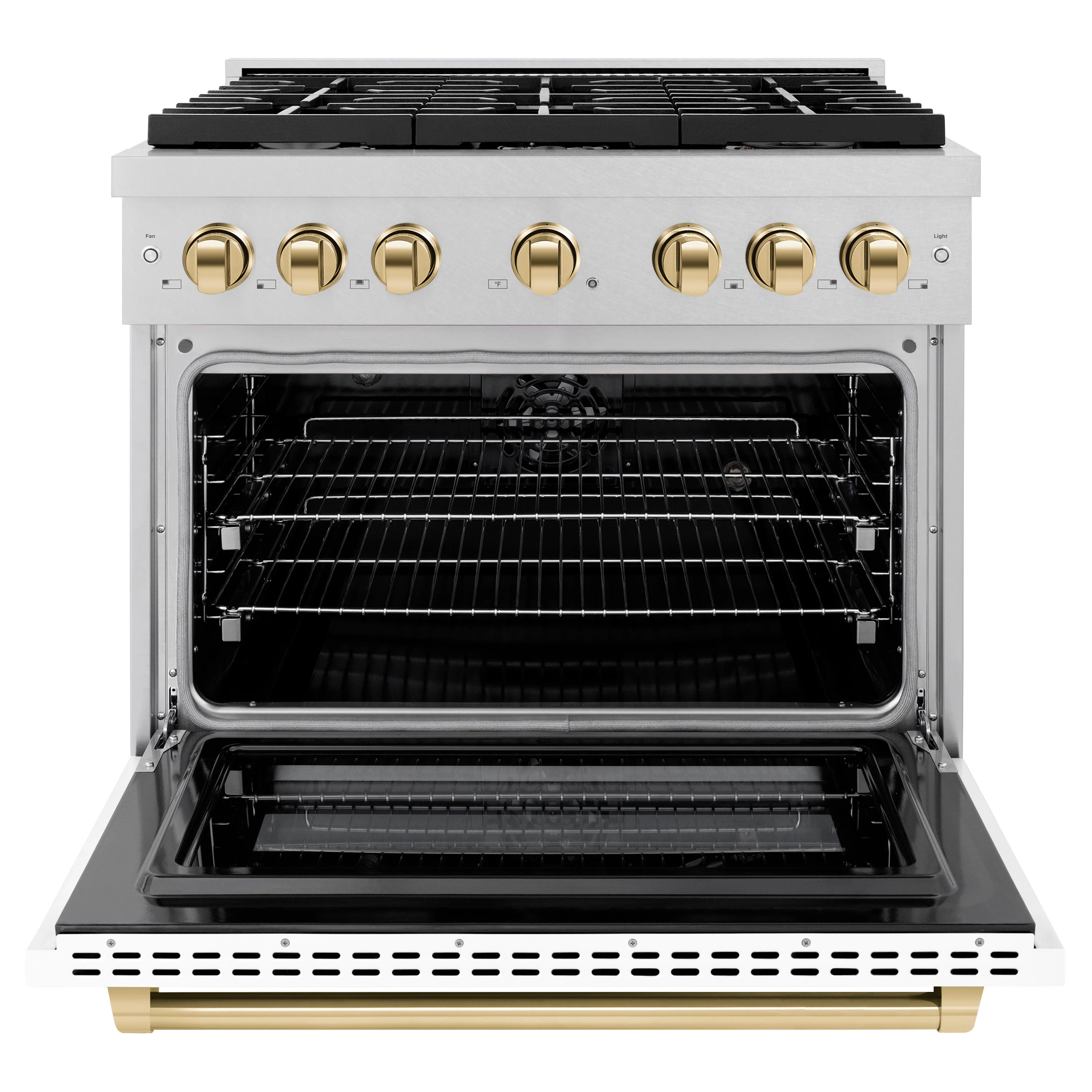 ZLINE Autograph Edition 36 in. 5.2 cu. ft. Paramount Dual Fuel Range with 6 Burner Gas Cooktop and Electric Convection Oven in Satin Stainless Steel with White Matte Door and Polished Gold Accents (SDRSZ-WM-36-G) - Image 6