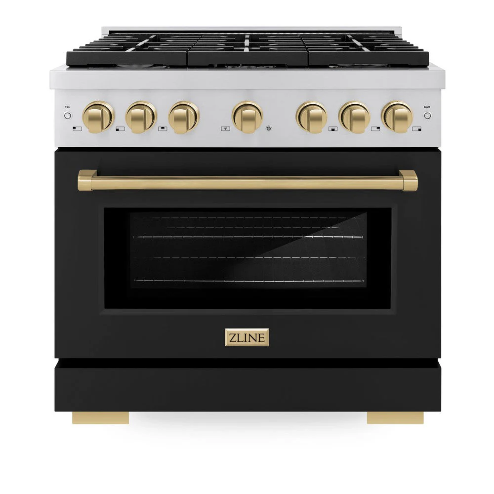 ZLINE Autograph Edition 36 in. 5.2 cu. ft. Paramount Dual Fuel Range with 6 Burner Gas Cooktop and Electric Convection Oven in Stainless Steel with Black Matte Door and Champagne Bronze Accents (SDRZ-BLM-36-CB) - Image 2
