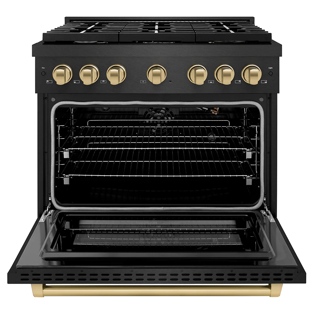 ZLINE Autograph Edition 36 in. 5.2 cu. ft. Paramount Gas Range with 6 Burner Cooktop and Convection Gas Oven in Black Satin Stainless Steel and Champagne Bronze Accents (SGRBSZ-36-CB) - Image 2