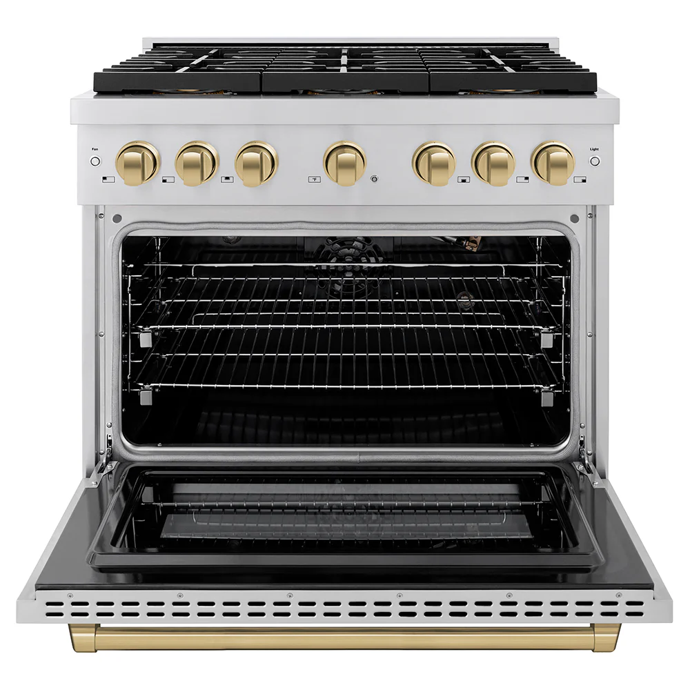ZLINE Autograph Edition 36 in. 5.2 cu. ft. Paramount Gas Range with 6 Burner DuoPro™ Cooktop and Convection Gas Oven in Stainless Steel and Champagne Bronze Accents (PSGRZ-36-CB) - Image 3