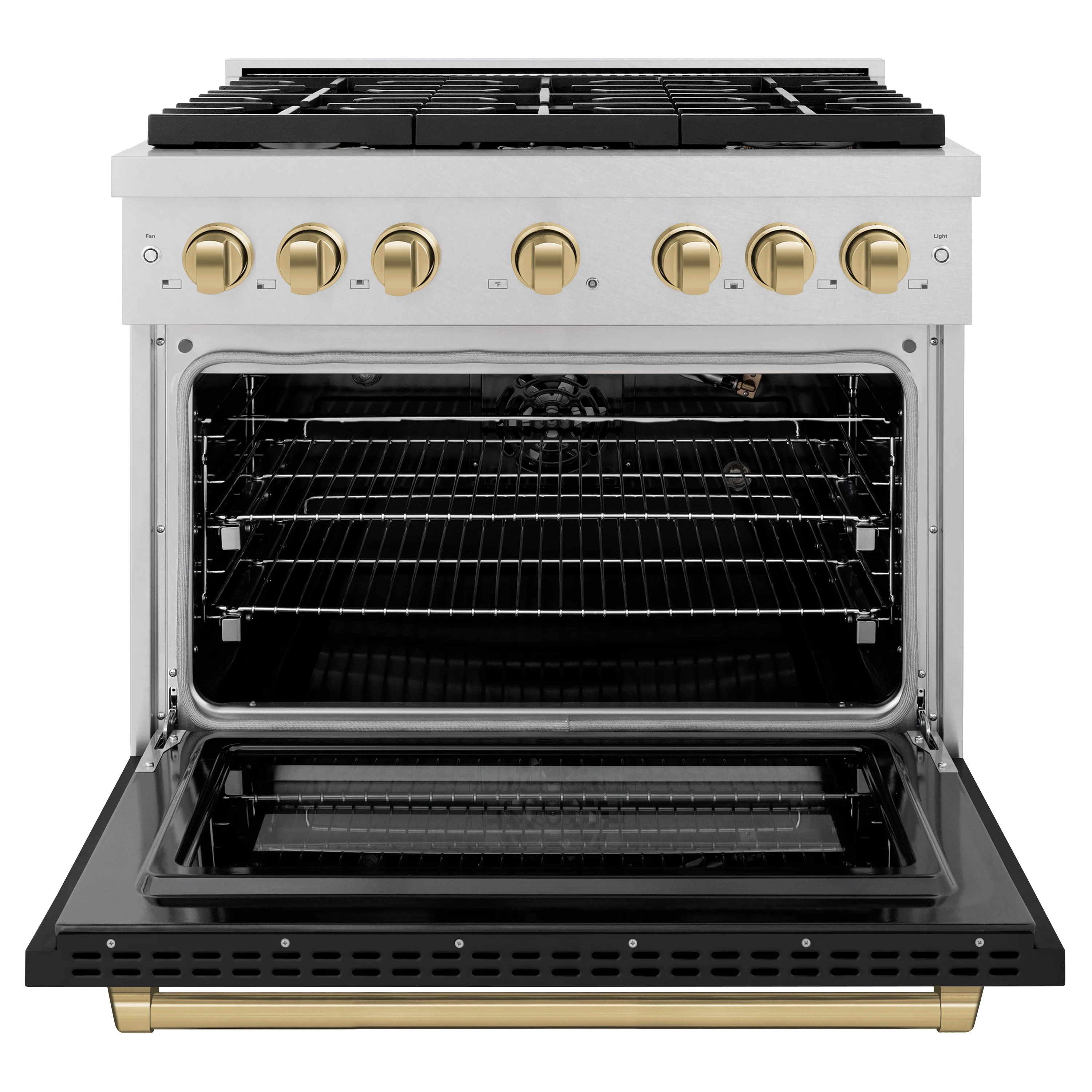 ZLINE Autograph Edition 36 in. 5.2 cu. ft. Paramount Gas Range with 6 Burner Cooktop and Convection Gas Oven in Satin Stainless Steel with Black Matte Door and Champagne Bronze Accents (SGRSZ-BLM-36-CB) - Image 6