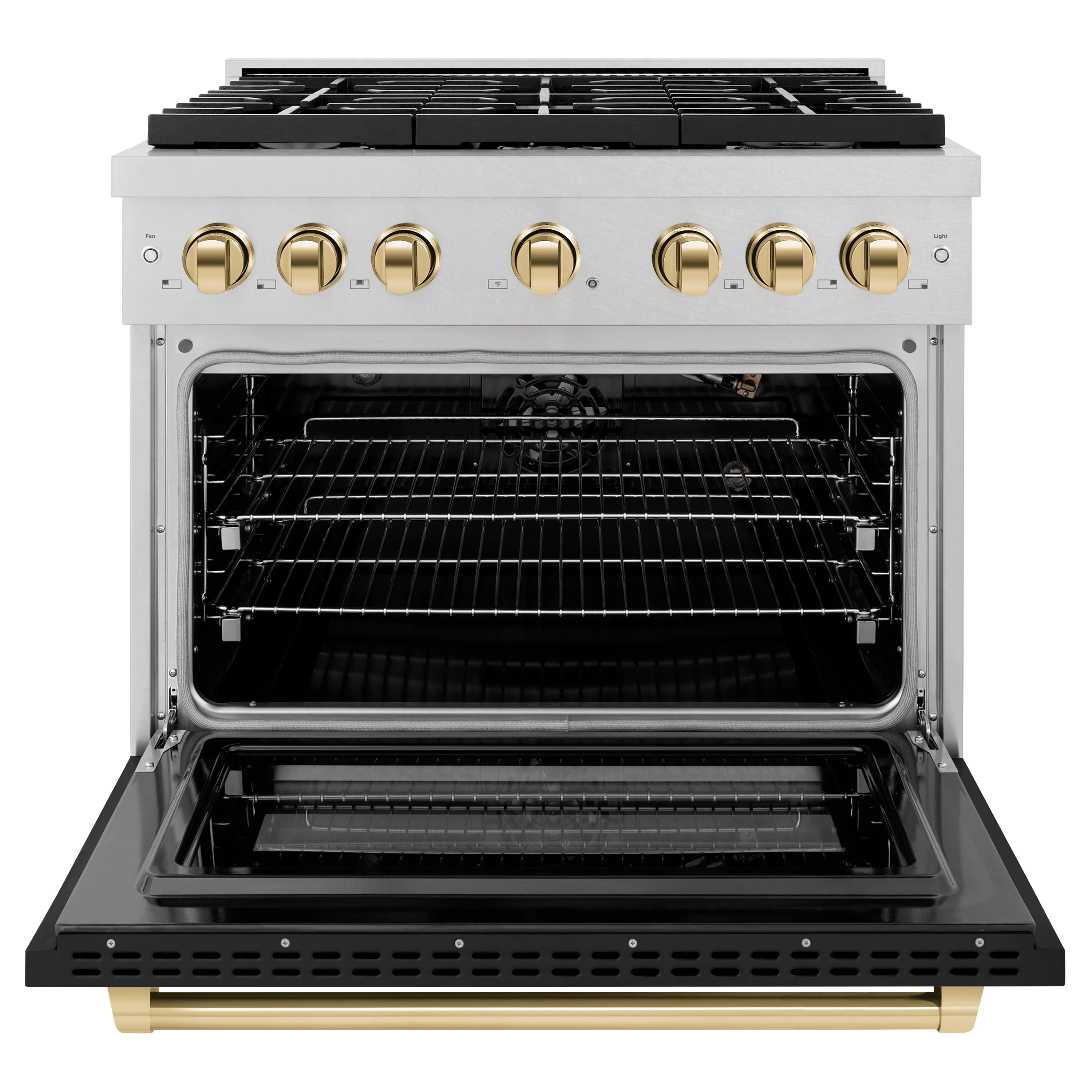 ZLINE Autograph Edition 36 in. 5.2 cu. ft. Paramount Gas Range with 6 Burner Cooktop and Convection Gas Oven in Satin Stainless Steel with Black Matte Door and Polished Gold Accents (SGRSZ-BLM-36-G) - Image 6