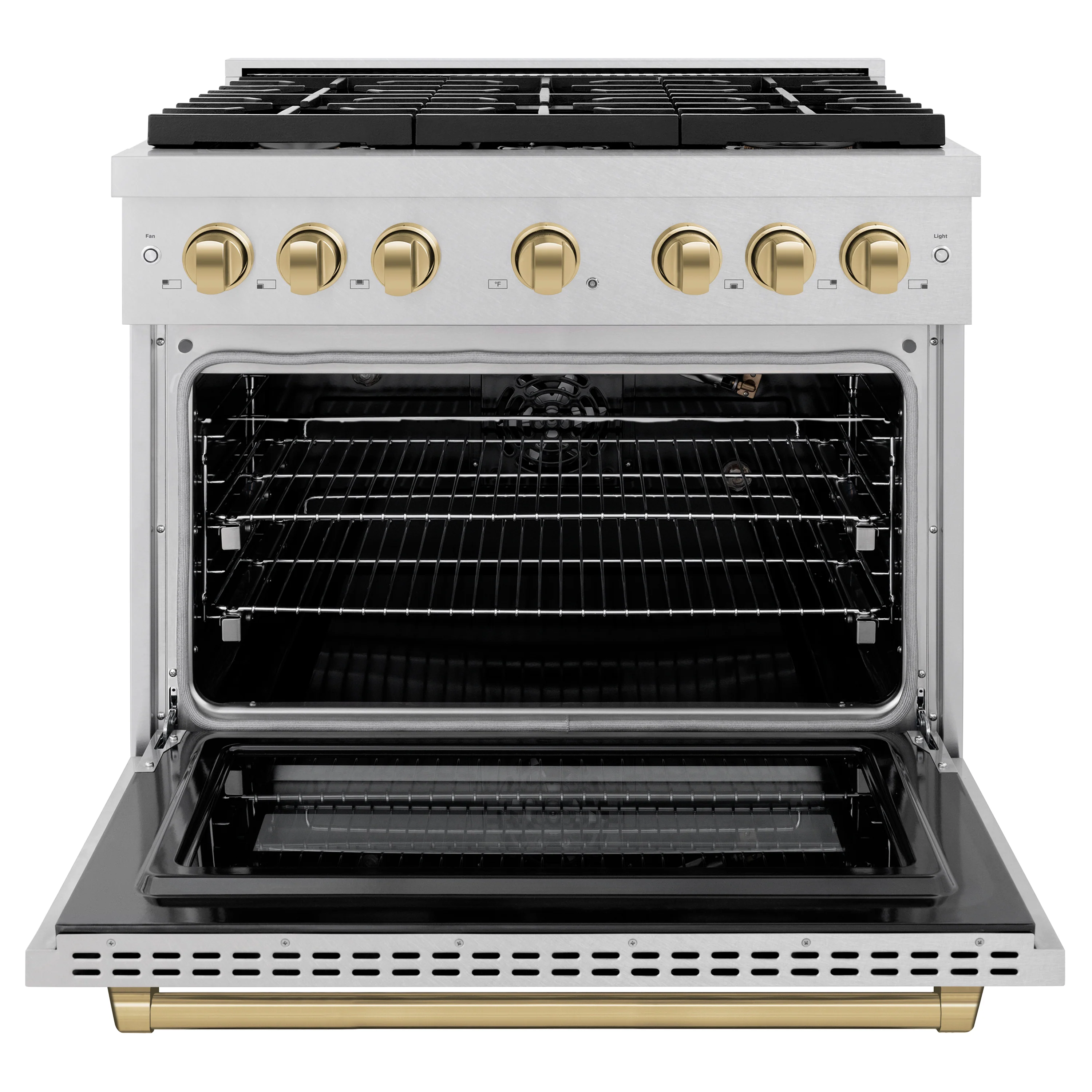 ZLINE Autograph Edition 36 in. 5.2 cu. ft. Paramount Gas Range with 6 Burner Cooktop and Convection Gas Oven in Satin Stainless Steel and Champagne Bronze Accents (SGRSZ-36-CB) - Image 6