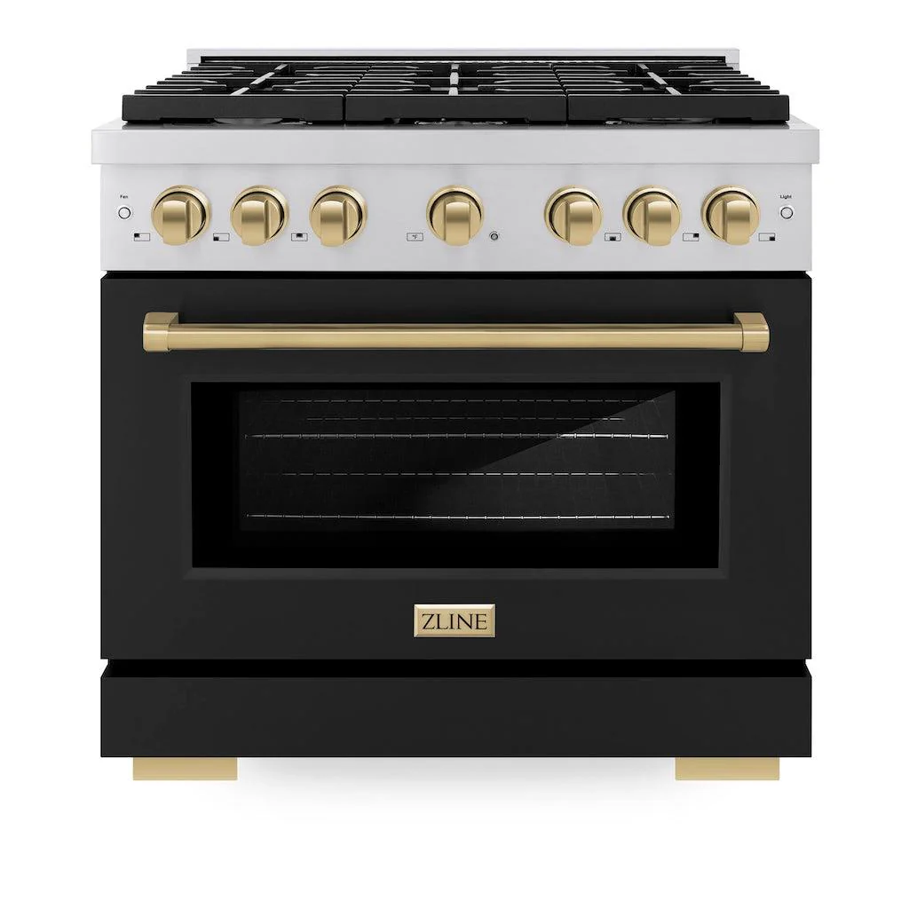 ZLINE Autograph Edition 36 in. 5.2 cu. ft. Paramount Gas Range with 6 Burner Cooktop and Convection Gas Oven in Stainless Steel with Black Matte Door and Champagne Bronze Accents (SGRZ-BLM-36-CB) - Image 2