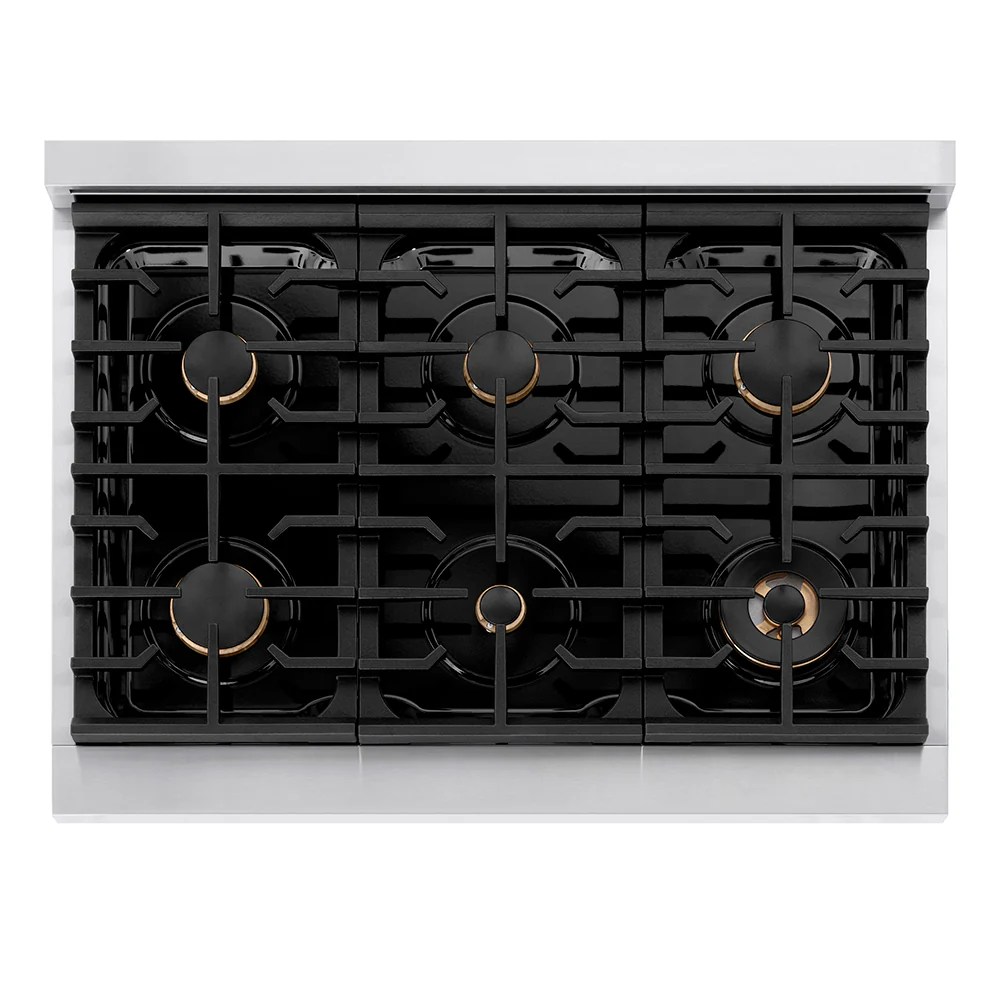 ZLINE Autograph Edition 36 in. 5.2 cu. ft. Paramount Gas Range with 6 Burner Cooktop and Convection Gas Oven in Stainless Steel with Champagne Bronze Helix Handle and Knob Accents (SGRZ-36-KCB) - Image 3