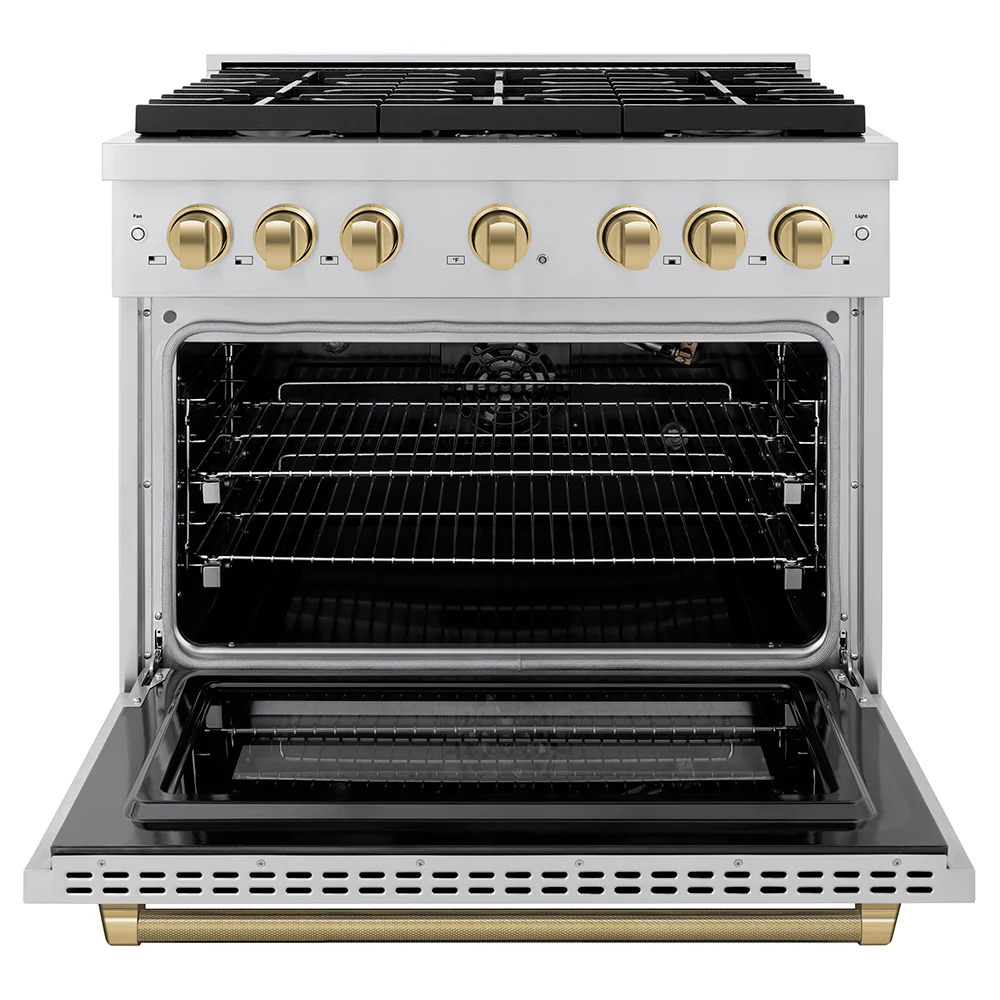 ZLINE Autograph Edition 36 in. 5.2 cu. ft. Paramount Gas Range with 6 Burner Cooktop and Convection Gas Oven in Stainless Steel with Champagne Bronze Helix Handle and Knob Accents (SGRZ-36-KCB) - Image 4