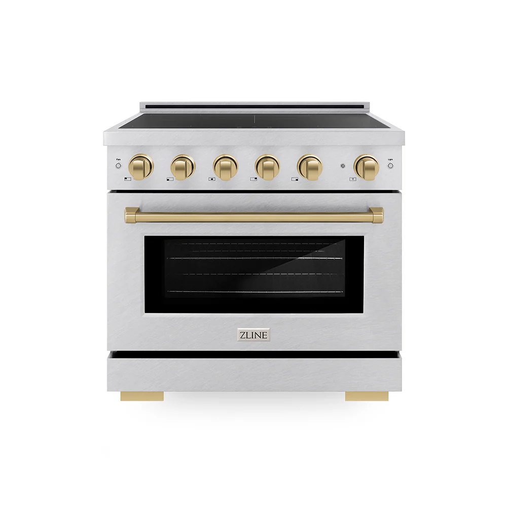ZLINE Autograph Edition 36 in. 5.2 cu. ft. Paramount Induction Range with 5 Element Cooktop and Electric Convection Oven in Satin Stainless Steel with Champagne Bronze Accents (SINRSZ-36-CB)