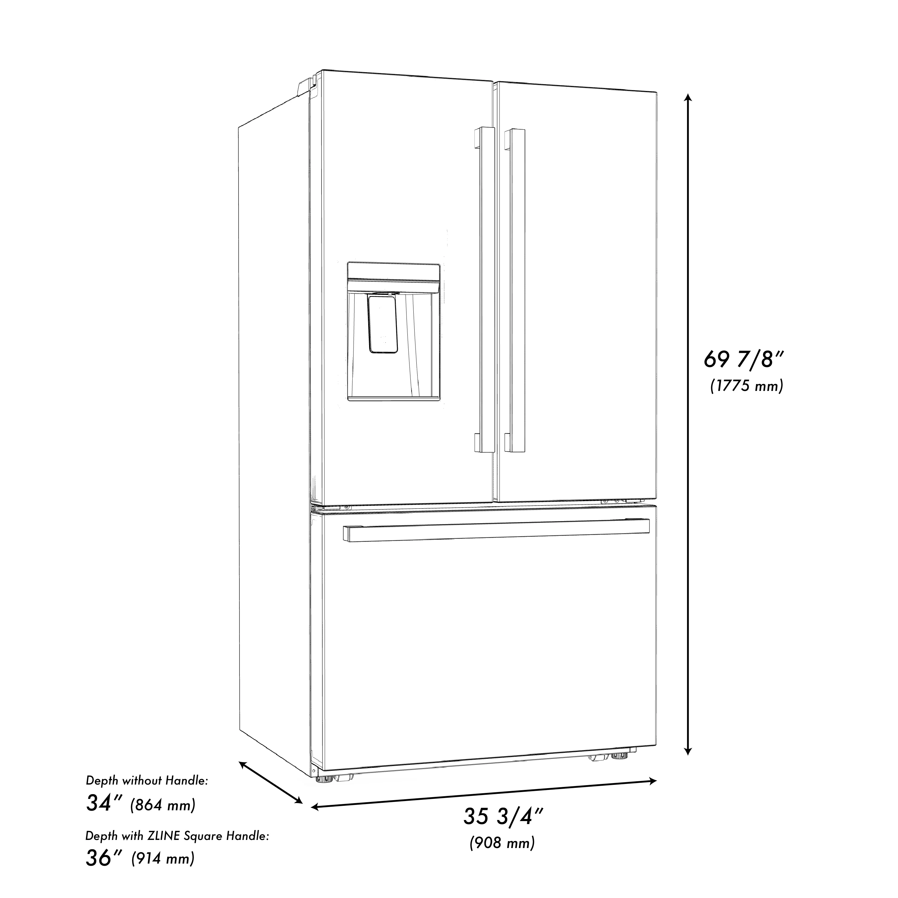 ZLINE Autograph Edition 36 in. 28.9 cu. ft. Standard-Depth French Door External Water Dispenser Refrigerator with Dual Ice Maker in Fingerprint-Resistant Black Stainless Steel and Champagne Bronze Modern Handles (RSMZ-W36-BS-FCB) - Image 12
