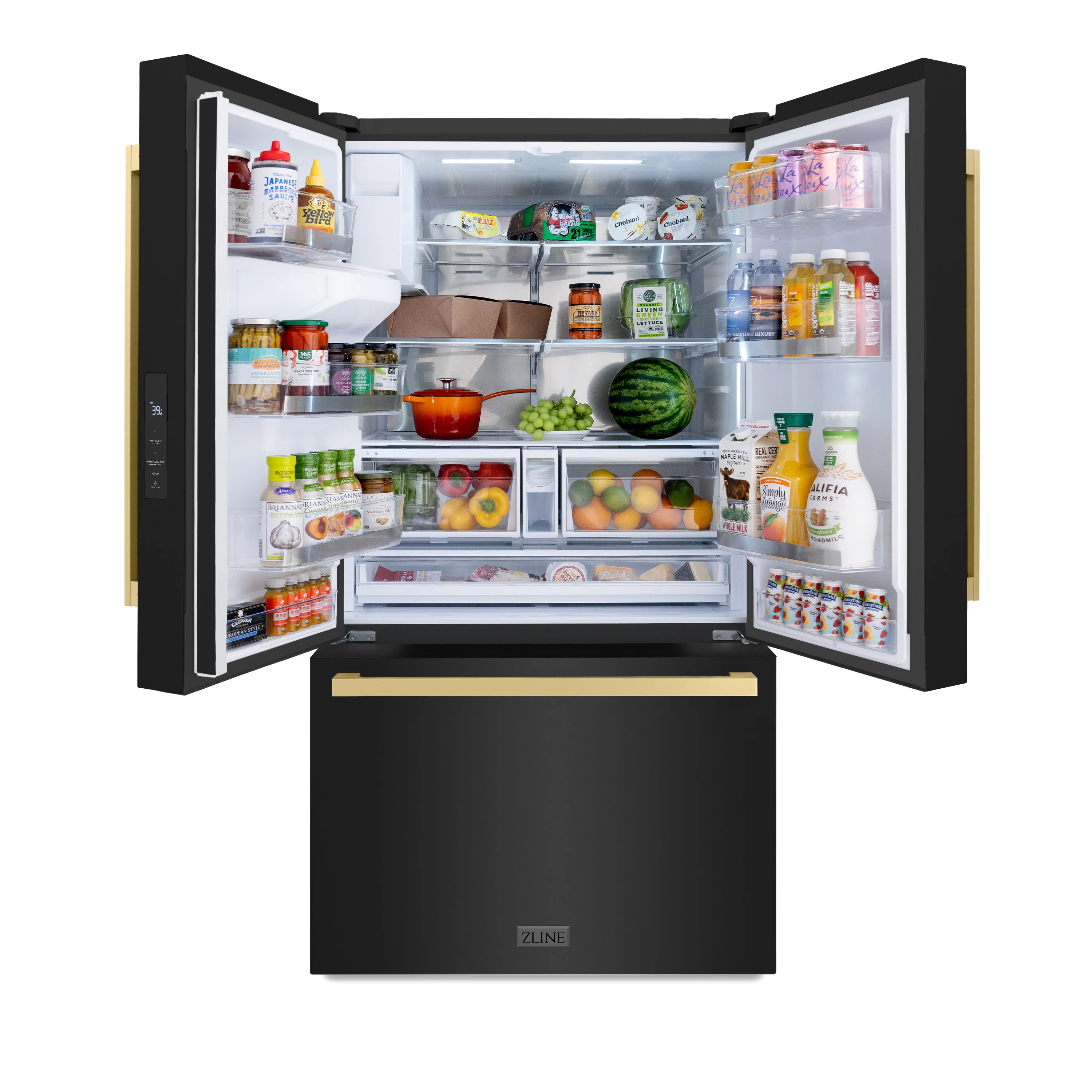 ZLINE Autograph Edition 36 in. 28.9 cu. ft. Standard-Depth French Door External Water Dispenser Refrigerator with Dual Ice Maker in Fingerprint-Resistant Black Stainless Steel and Champagne Bronze Modern Handles (RSMZ-W36-BS-FCB) - Image 5