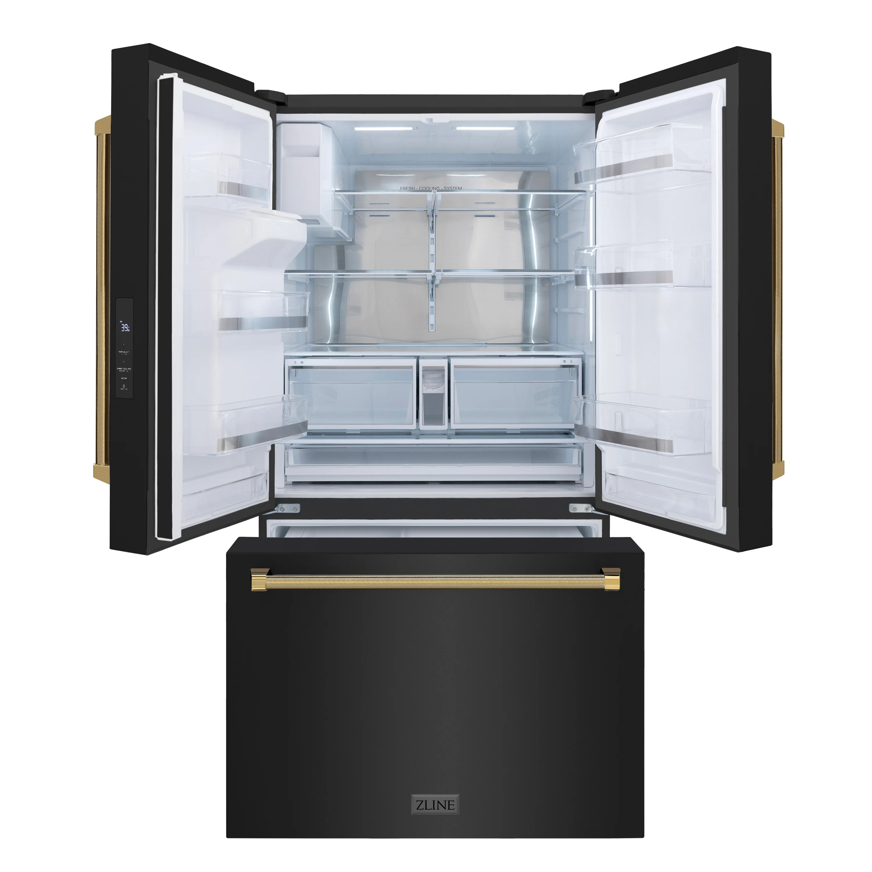 ZLINE Autograph Edition 36 in. 28.9 cu. ft. Standard-Depth French Door External Water Dispenser Refrigerator with Dual Ice Maker in Fingerprint-Resistant Black Stainless Steel and Polished Gold Helix Handles (RSMZ-W-36-BS-KG) - Image 5
