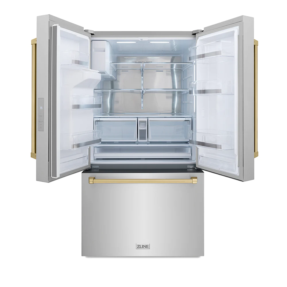 ZLINE Autograph Edition 36 in. 28.9 cu. ft. Standard-Depth French Door External Water Dispenser Refrigerator with Dual Ice Maker in Fingerprint-Resistant Stainless Steel and Champagne Bronze Traditional Handles (RSMZ-W-36-CB) - Image 3