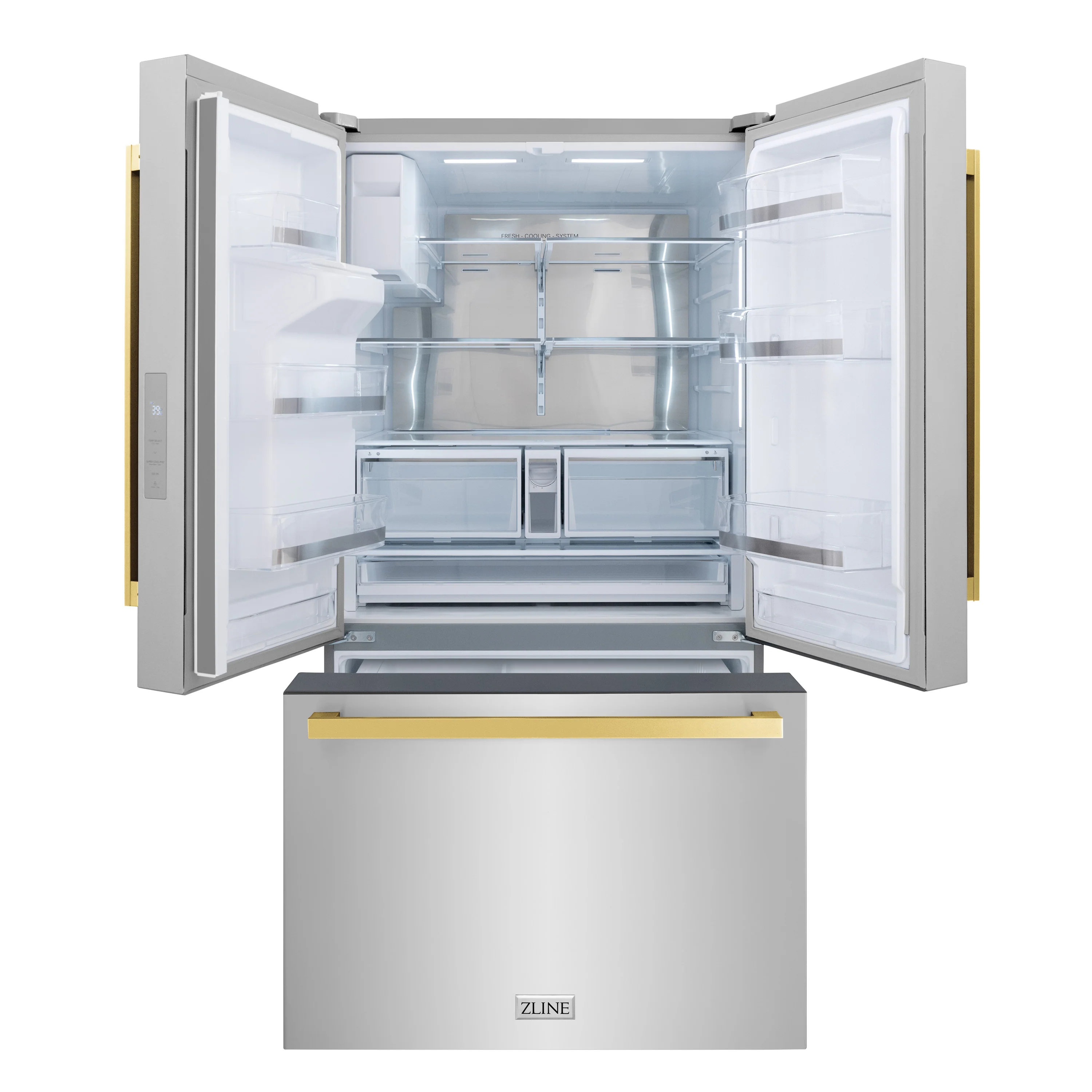 ZLINE Autograph Edition 36 in. 28.9 cu. ft. Standard-Depth French Door External Water Dispenser Refrigerator with Dual Ice Maker in Fingerprint-Resistant Stainless Steel and Polished Gold Modern Handles (RSMZ-W-36-FG) - Image 3