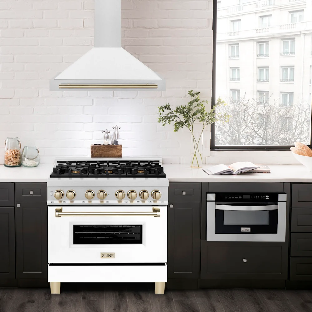 ZLINE 36 in. Autograph Edition Convertible Fingerprint Resistant Satin Stainless Steel Range Hood with White Matte Shell and Polished Gold Handle (KB4SNZ-WM36-G) - Image 2