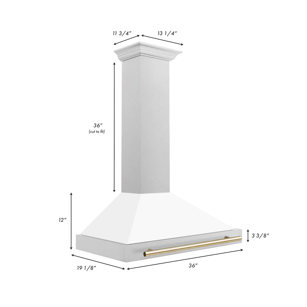 ZLINE 36 in. Autograph Edition Convertible Fingerprint Resistant Satin Stainless Steel Range Hood with White Matte Shell and Polished Gold Handle (KB4SNZ-WM36-G) - Image 6