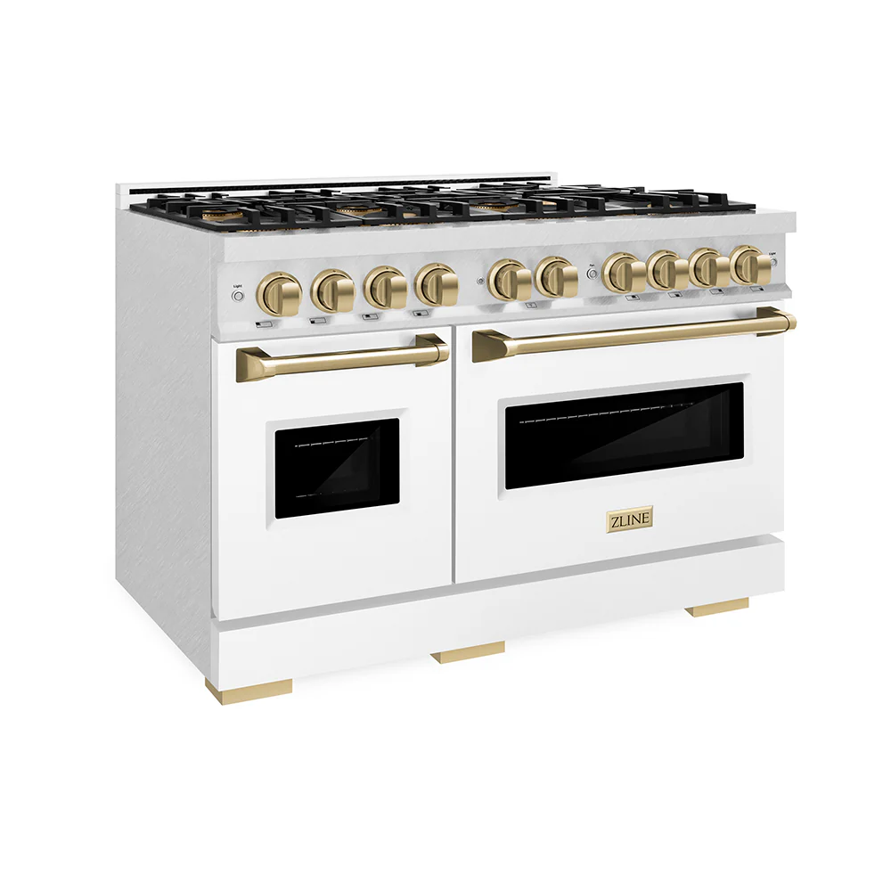 ZLINE Autograph Edition 48 in. 6.7 cu. ft. Classic Dual Fuel Range with 8 Burner DuoPro™ Cooktop and Dual Ovens in Satin Stainless Steel with White Matte Doors and Champagne Bronze Accents (PCDRSZ-WM-48-CB) - Image 11