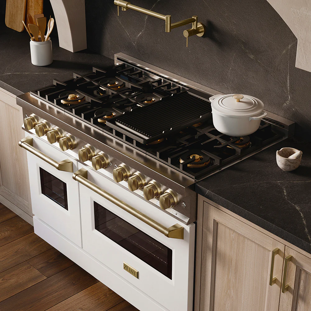 ZLINE Autograph Edition 48 in. 6.7 cu. ft. Classic Dual Fuel Range with 8 Burner DuoPro™ Cooktop and Dual Ovens in Satin Stainless Steel with White Matte Doors and Champagne Bronze Accents (PCDRSZ-WM-48-CB) - Image 22