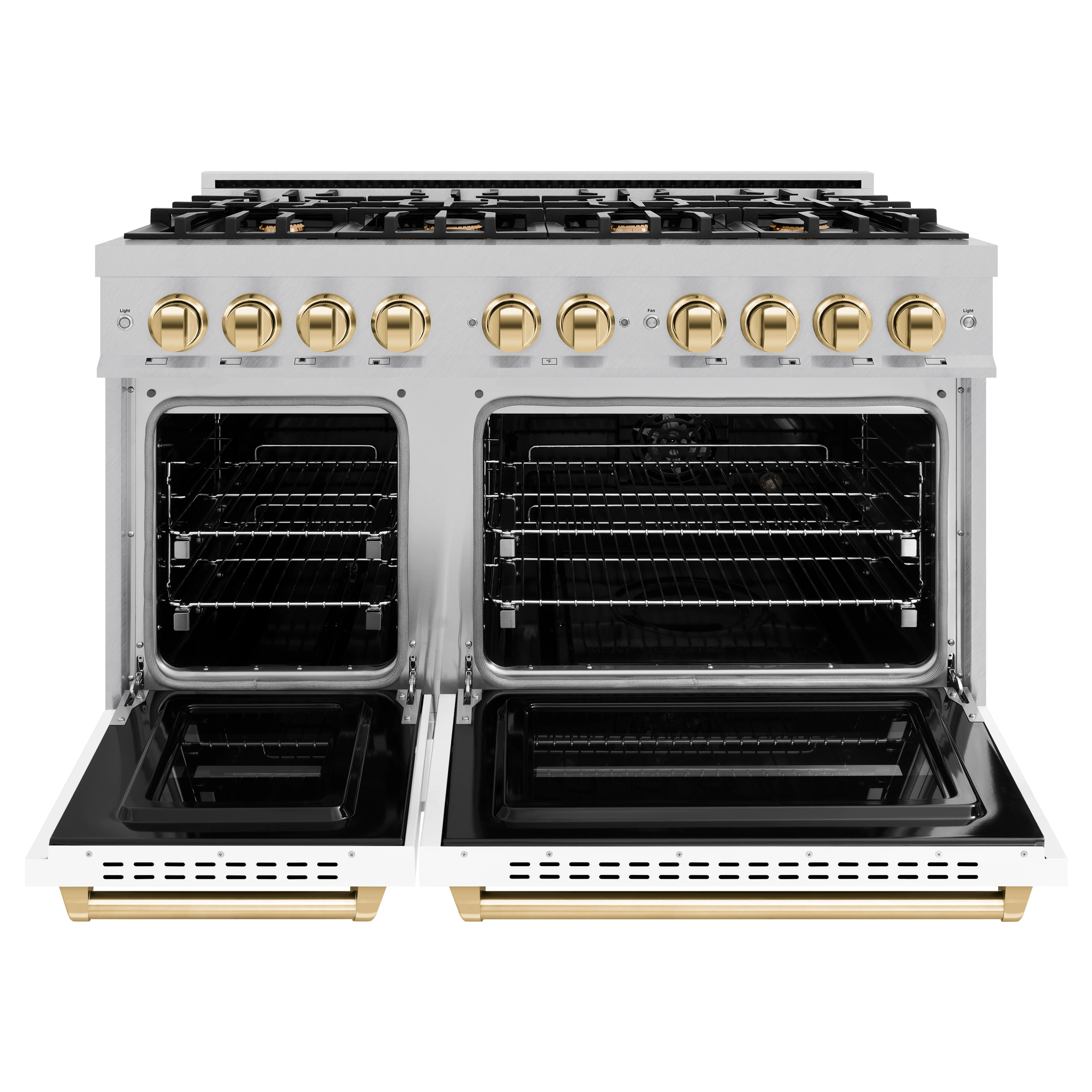 ZLINE Autograph Edition 48 in. 6.7 cu. ft. Classic Double Oven Dual Fuel Range with 8 Burner Gas Cooktop in Satin Stainless Steel with White Matte Doors and Polished Gold Accents (CDRSZ-WM-48-G) - Image 4