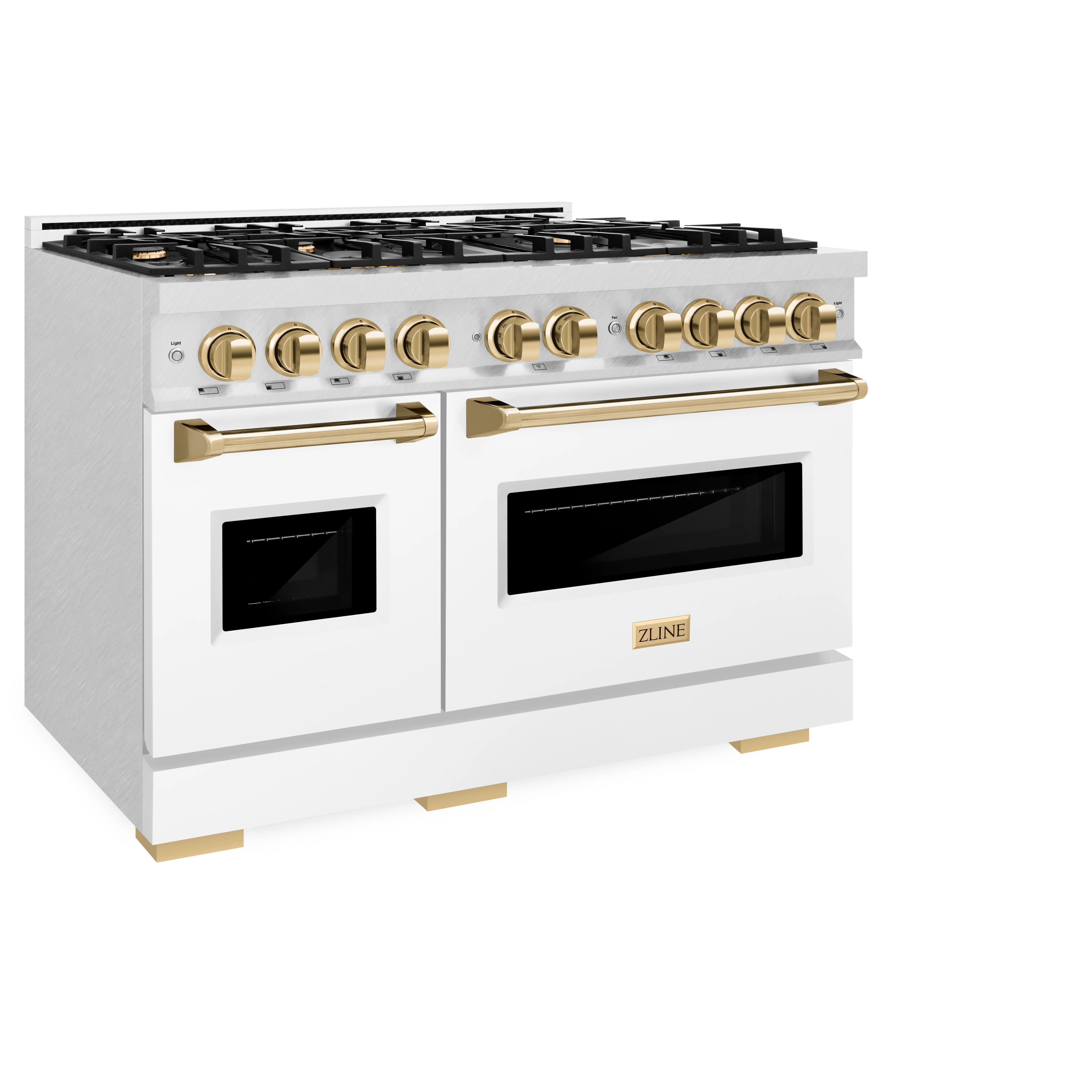 ZLINE Autograph Edition 48 in. 6.7 cu. ft. Classic Double Oven Dual Fuel Range with 8 Burner Gas Cooktop in Satin Stainless Steel with White Matte Doors and Polished Gold Accents (CDRSZ-WM-48-G) - Image 6