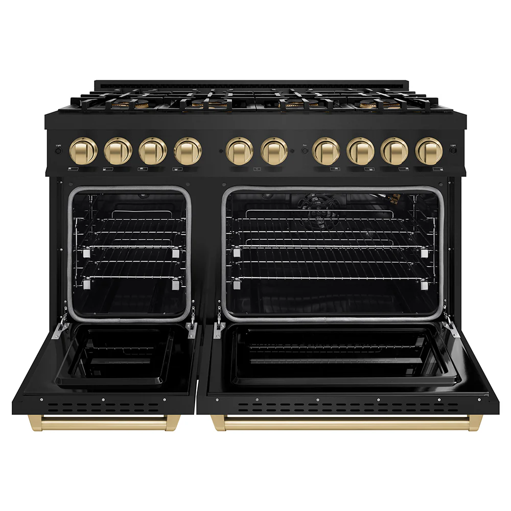 ZLINE Autograph Edition 48 in. 6.7 cu. ft. Classic Gas Range with 8 Burner DuoPro™ Cooktop and Dual Ovens in Black Stainless Steel and Champagne Bronze Accents (PCGRBZ-48-CB) - Image 9