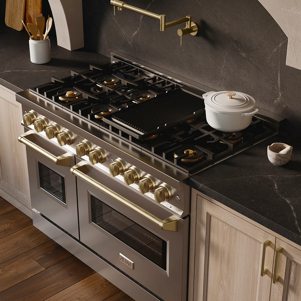 ZLINE Autograph Edition 48 in. 6.7 cu. ft. Classic Gas Range with 8 Burner DuoPro™ Cooktop and Dual Ovens in Stainless Steel and Champagne Bronze Accents (PCGRZ-48-CB) - Image 25
