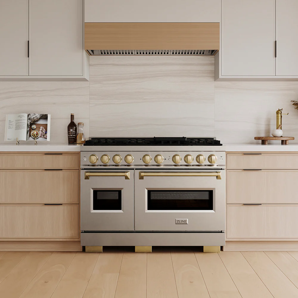 ZLINE Autograph Edition 48 in. 6.7 cu. ft. Classic Gas Range with 8 Burner DuoPro™ Cooktop and Dual Ovens in Stainless Steel and Champagne Bronze Accents (PCGRZ-48-CB) - Image 6