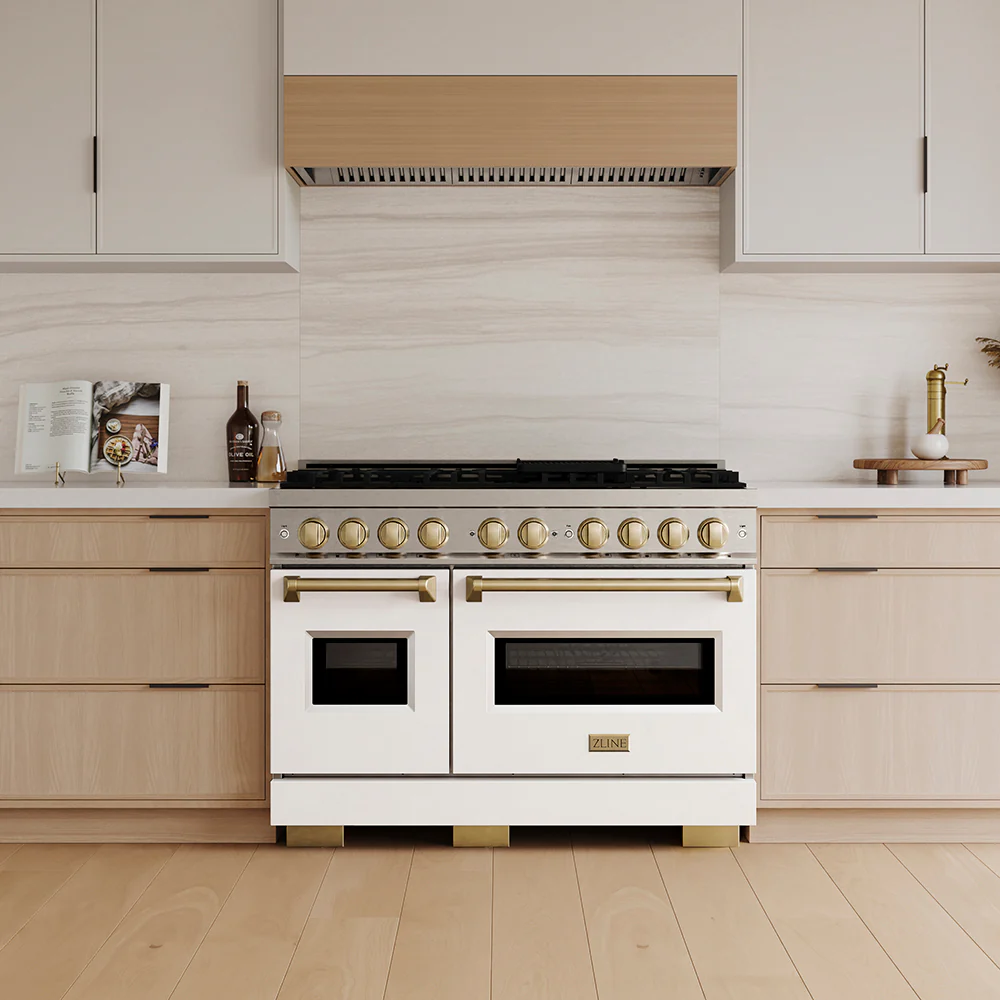 ZLINE Autograph Edition 48 in. 6.7 cu. ft. Classic Gas Range with 8 Burner DuoPro™ Cooktop and Dual Ovens with White Matte Doors and Champagne Bronze Accents (PCGRZ-WM-48-CB) - Image 6