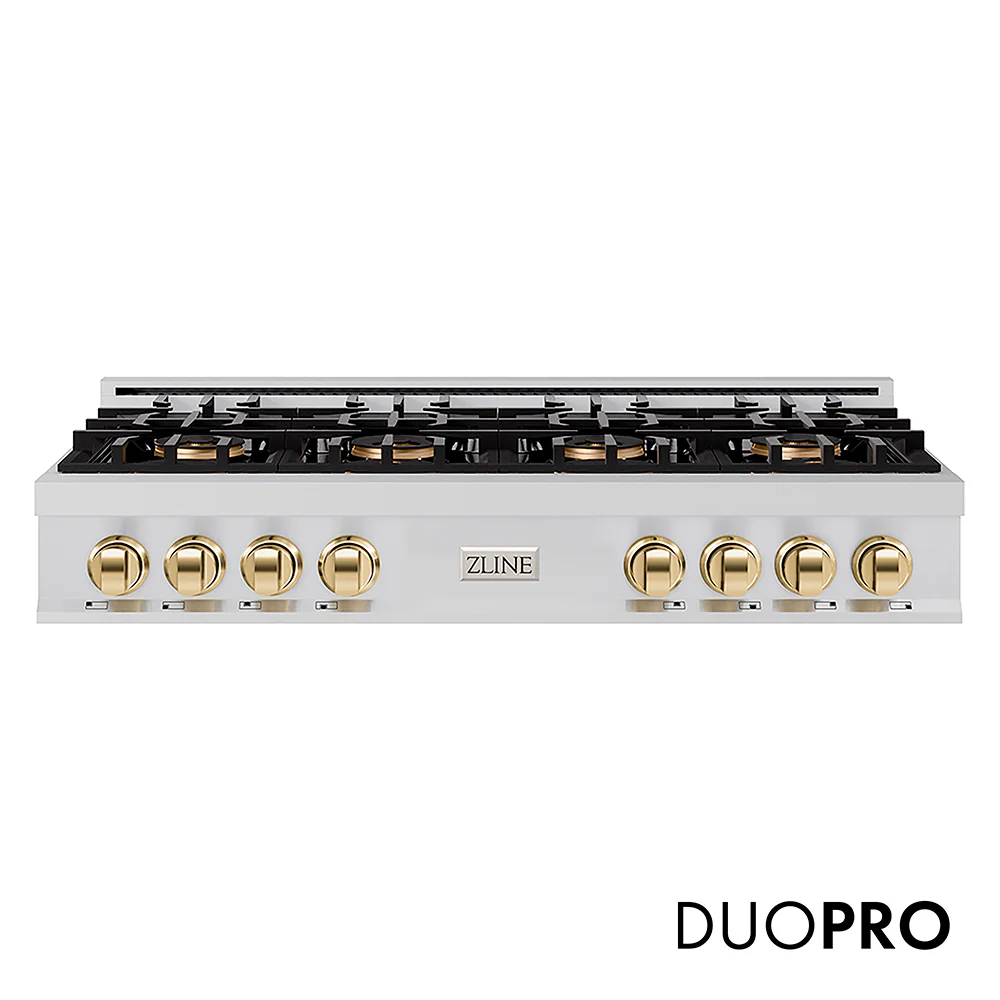ZLINE Autograph Edition 48 in. Classic Gas Rangetop with 8 Burner DuoPro™ Cooktop in Stainless Steel and Polished Gold Accents (PCRTZ-48-G)