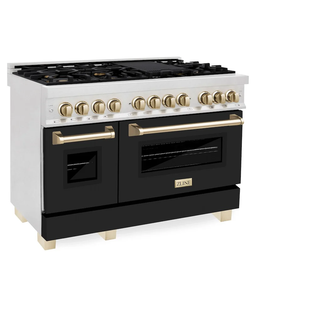 ZLINE Autograph Edition 48 in. 6.0 cu. ft. Legacy Dual Fuel Range with 7 Burner Gas Cooktop and 2 Electric Ovens in Satin Stainless Steel with Black Matte Doors and Polished Gold Accents, Open Box-Great Condition - Image 4