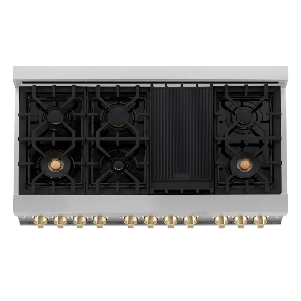 ZLINE Autograph Edition 48 in. 6.0 cu. ft. Legacy Dual Fuel Range with 7 Burner Gas Cooktop and 2 Electric Ovens in Stainless Steel with Black Matte Doors and Champagne Bronze Accents, Open Box-Great Condition - Image 2